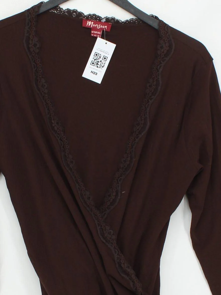 Monsoon Women's Top UK 14 Brown Nylon with Silk Long Sleeve V-Neck Basic - Image 3