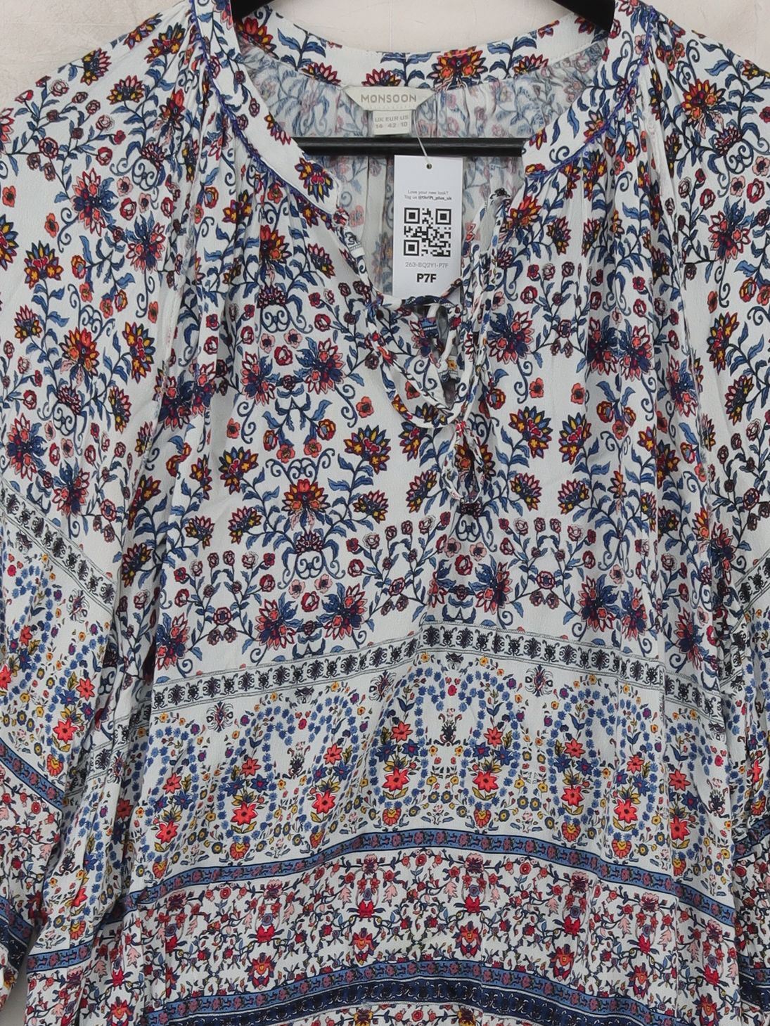 Monsoon Women's Top UK 14 Multi Floral 100% Viscose 3/4 Sleeve V-Neck Tunic - Image 3
