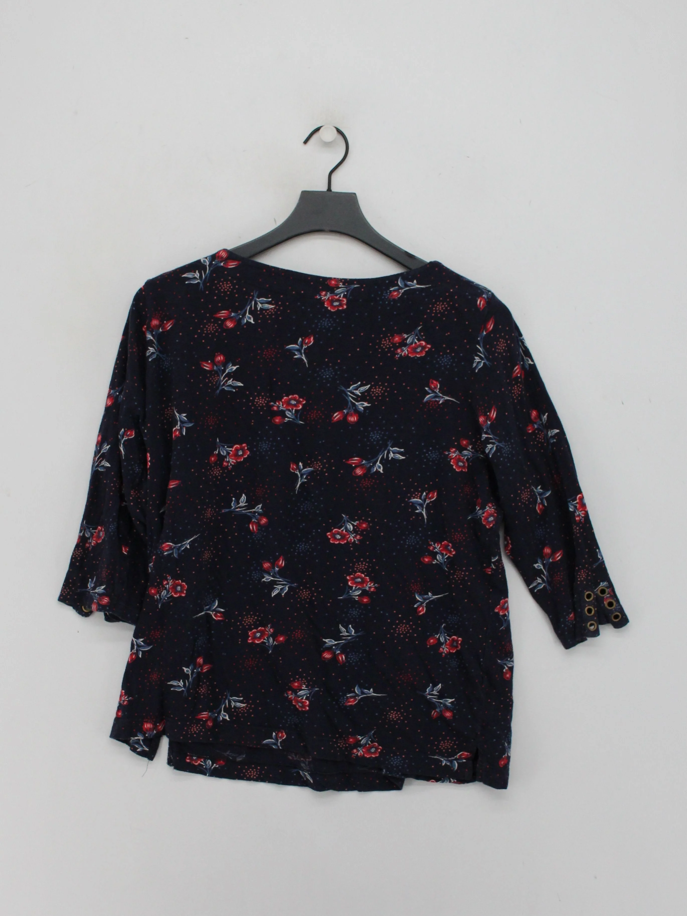 Monsoon Women's Top UK 16 Blue Floral 100% Cotton 3/4 Sleeve Round Neck Basic - Image 2