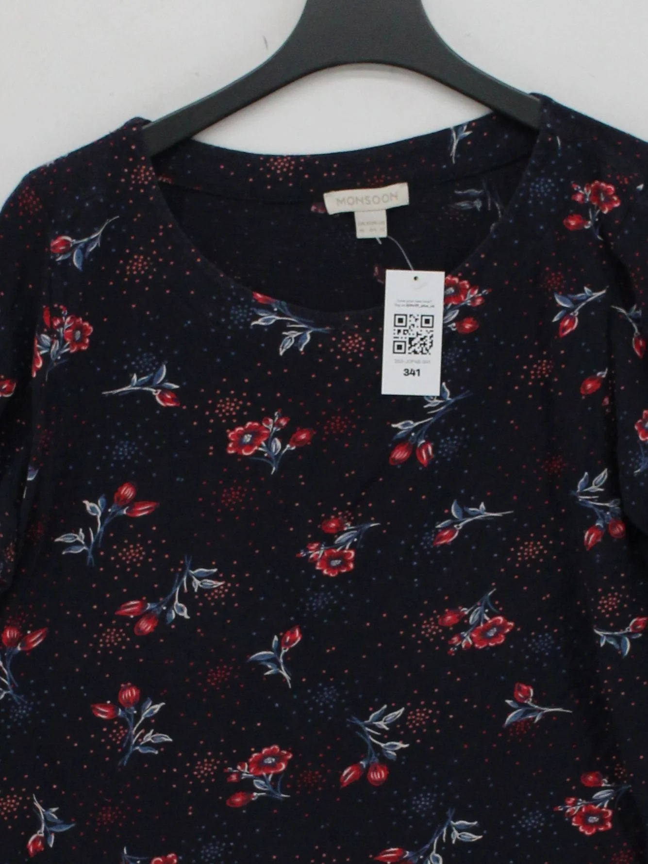 Monsoon Women's Top UK 16 Blue Floral 100% Cotton 3/4 Sleeve Round Neck Basic - Image 3