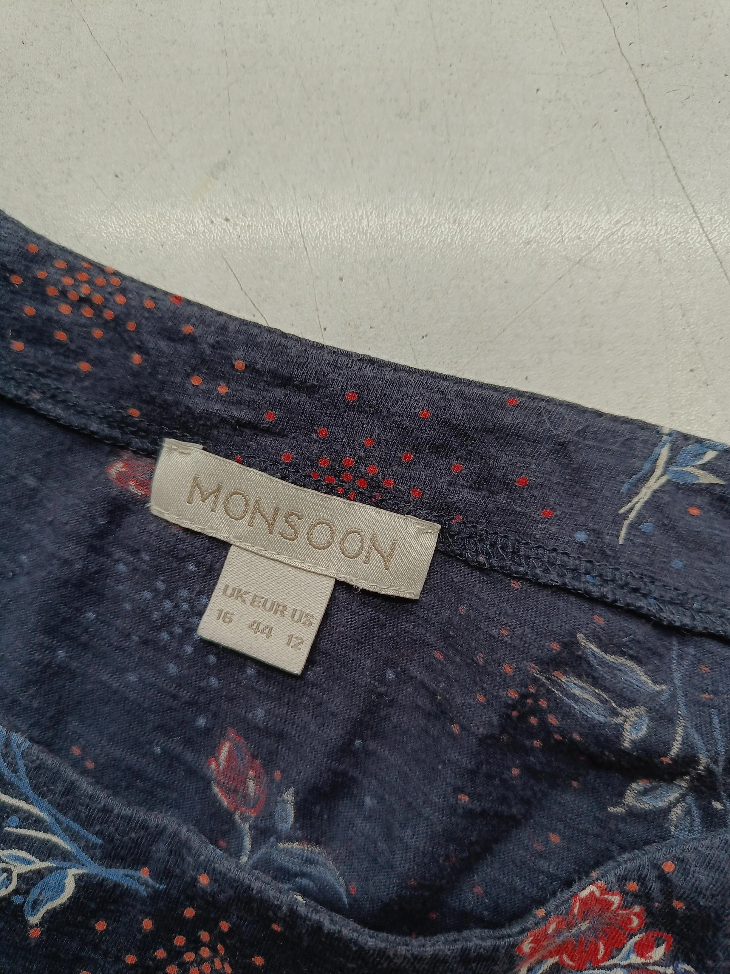 Monsoon Women's Top UK 16 Blue Floral 100% Cotton 3/4 Sleeve Round Neck Basic - Image 5