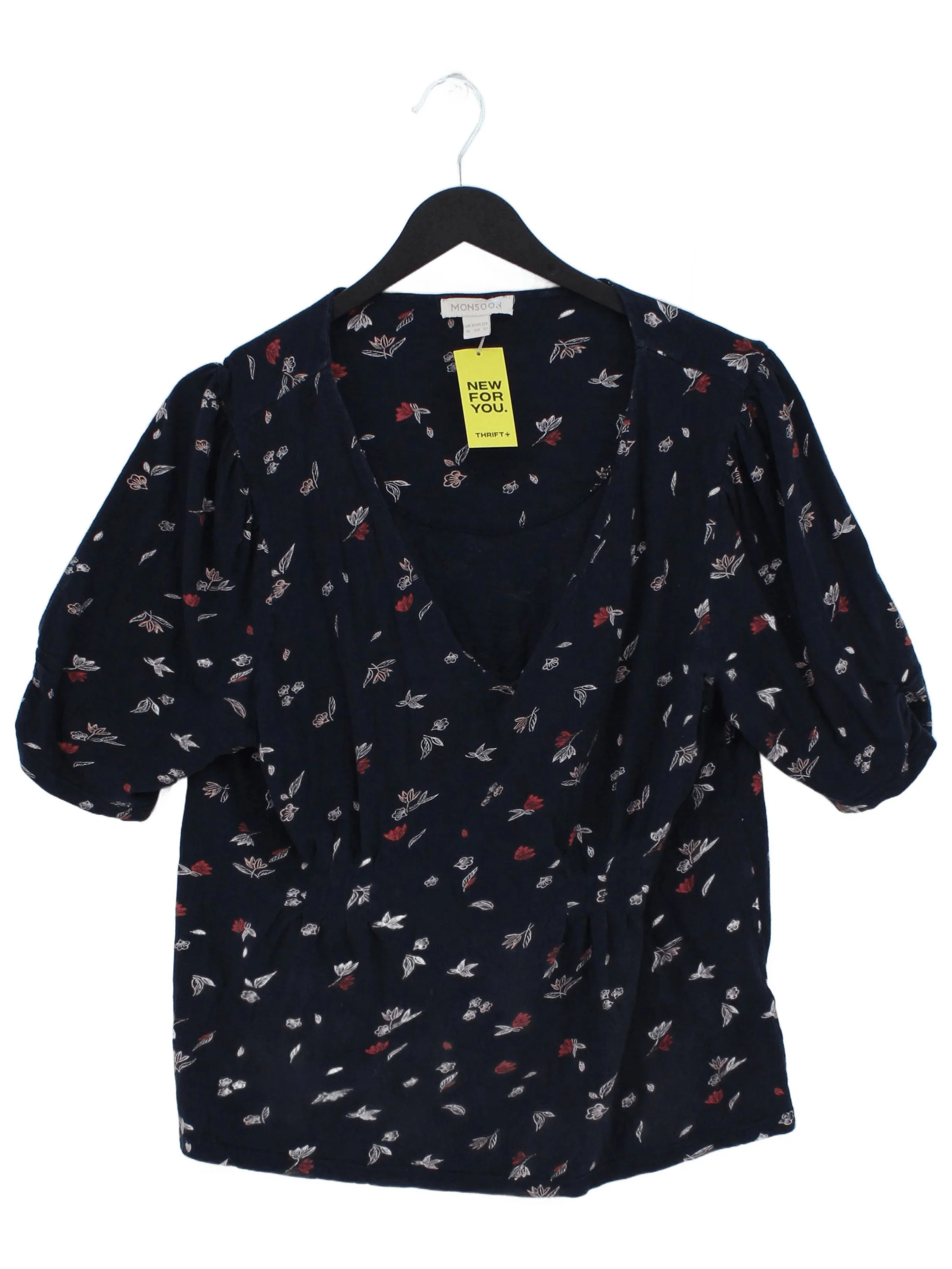 Monsoon Women's Top UK 16 Blue Floral 100% Cotton Short Sleeve V-Neck Basic