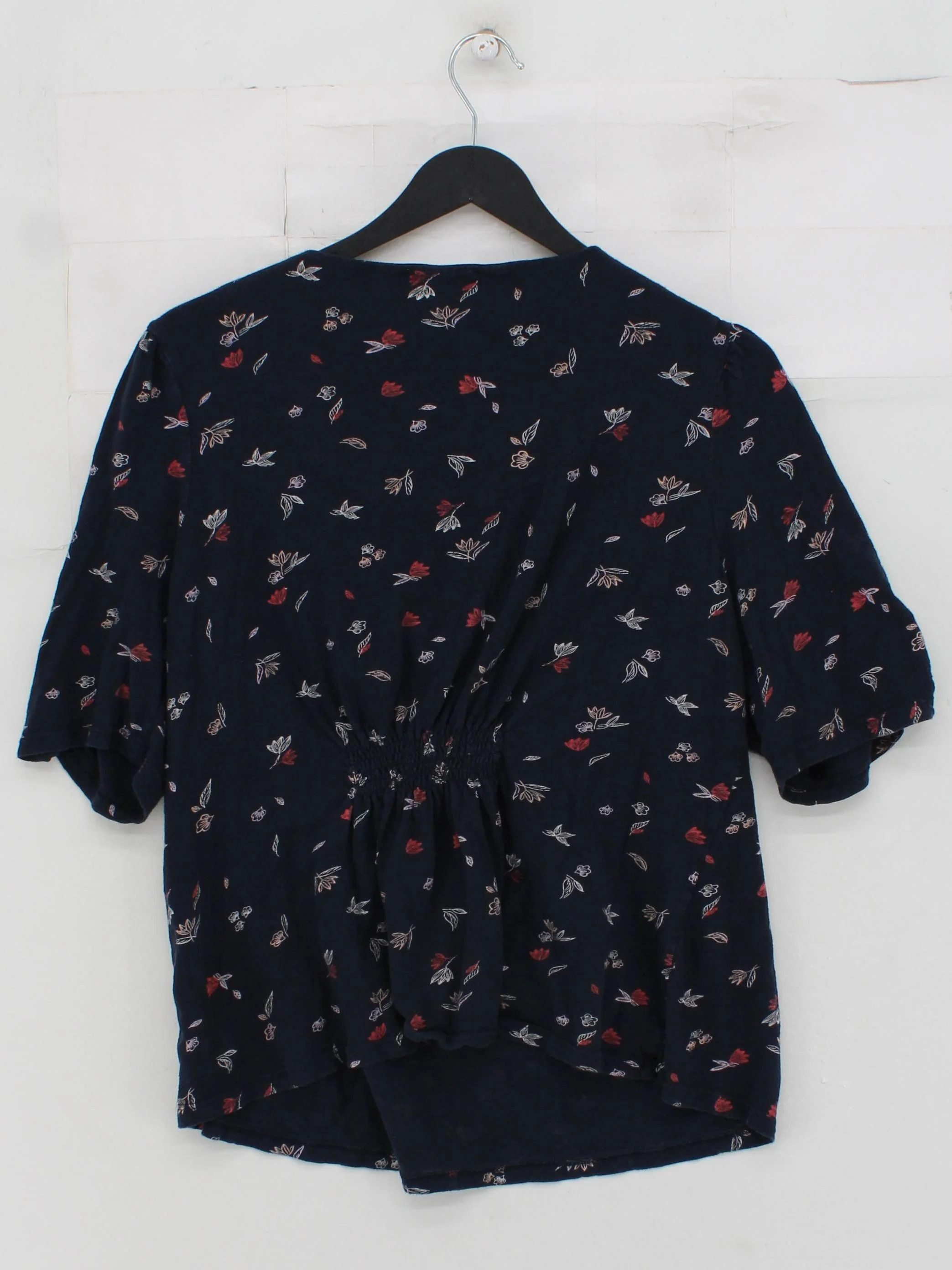 Monsoon Women's Top UK 16 Blue Floral 100% Cotton Short Sleeve V-Neck Basic - Image 2