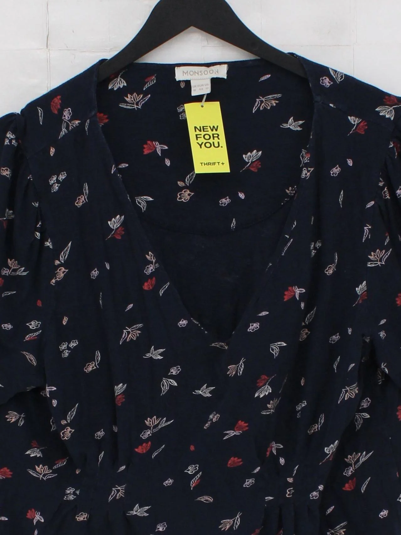 Monsoon Women's Top UK 16 Blue Floral 100% Cotton Short Sleeve V-Neck Basic - Image 3