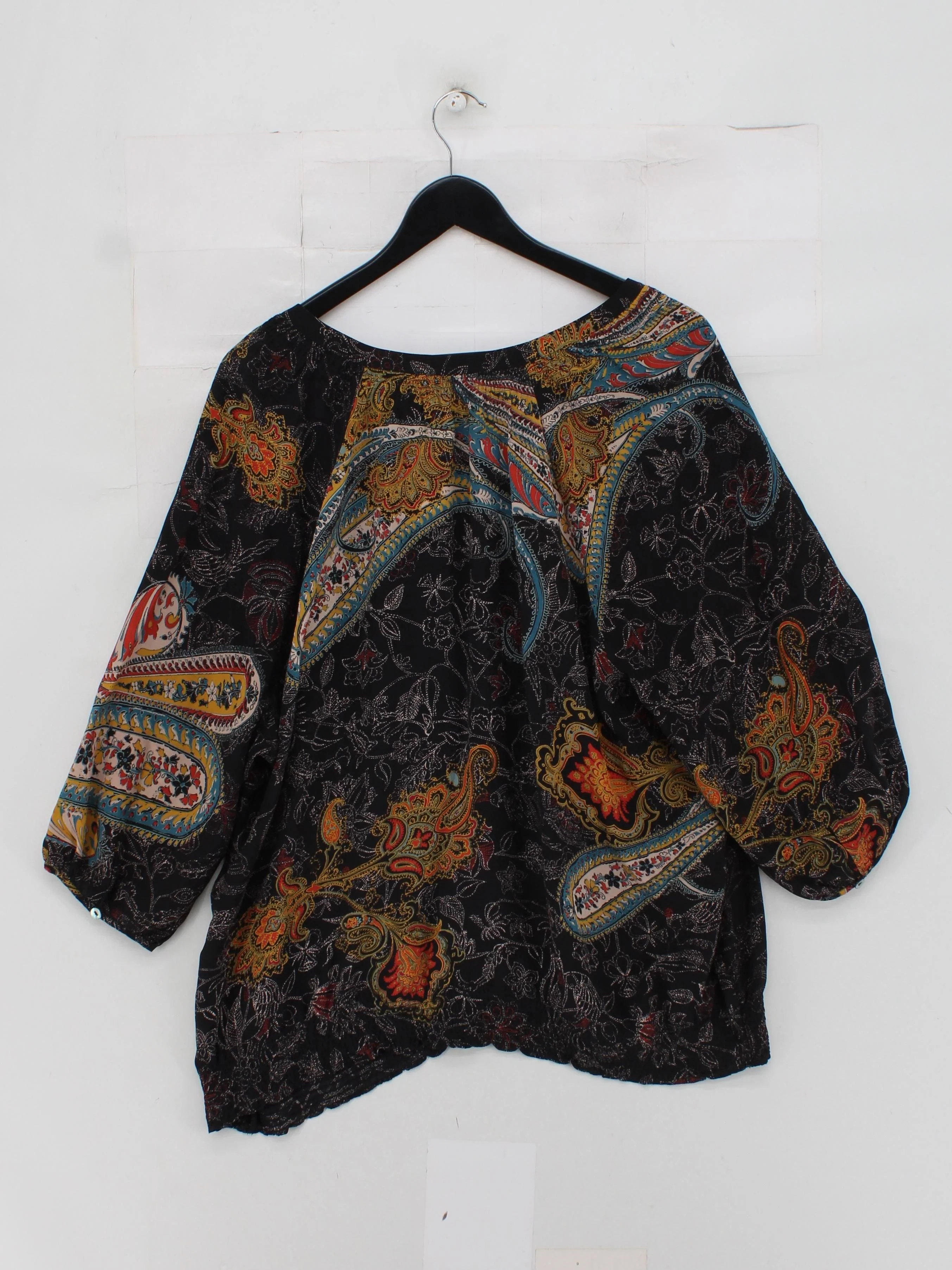 Monsoon Women's Top UK 22 Multi Paisley 100% Silk 3/4 Sleeve V-Neck Basic - Image 2