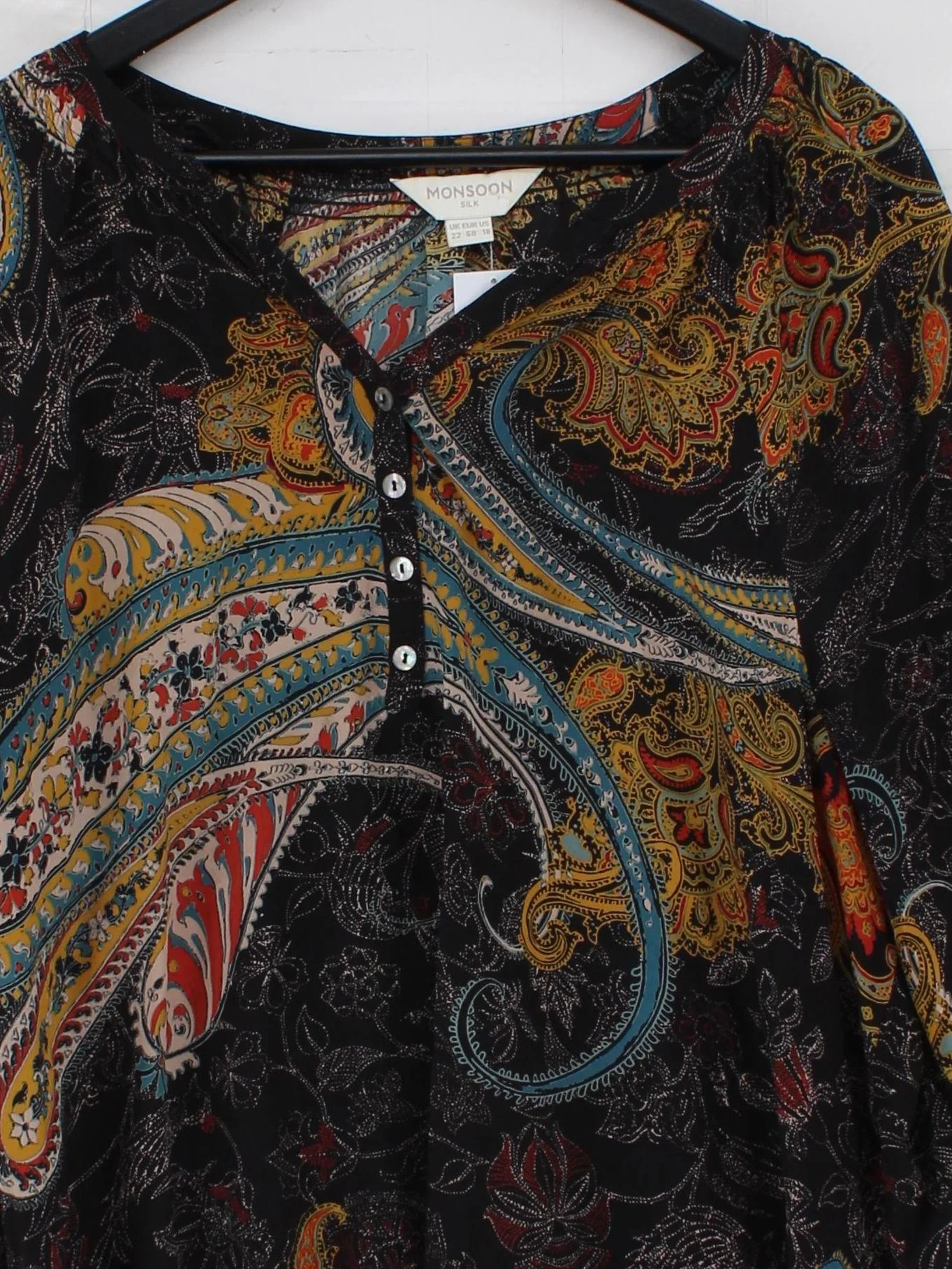 Monsoon Women's Top UK 22 Multi Paisley 100% Silk 3/4 Sleeve V-Neck Basic - Image 3