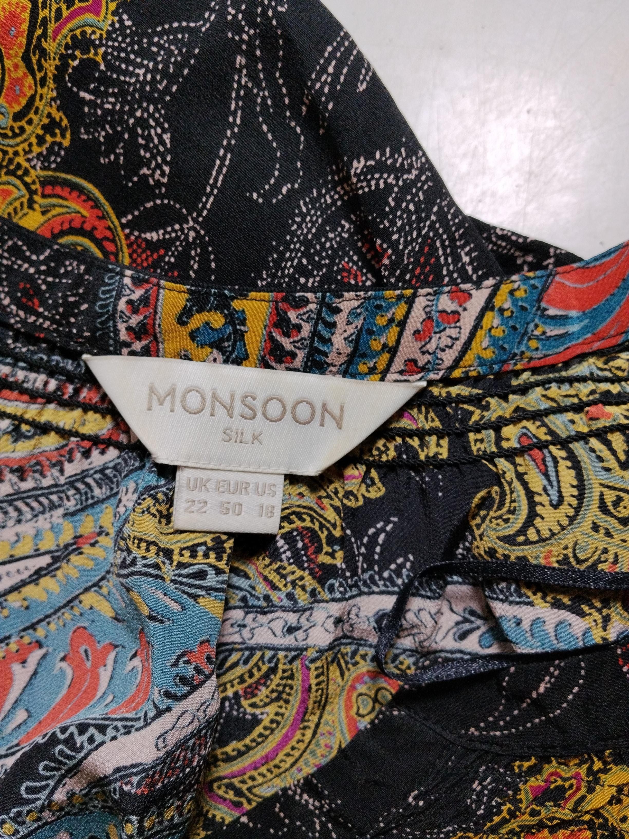 Monsoon Women's Top UK 22 Multi Paisley 100% Silk 3/4 Sleeve V-Neck Basic - Image 5