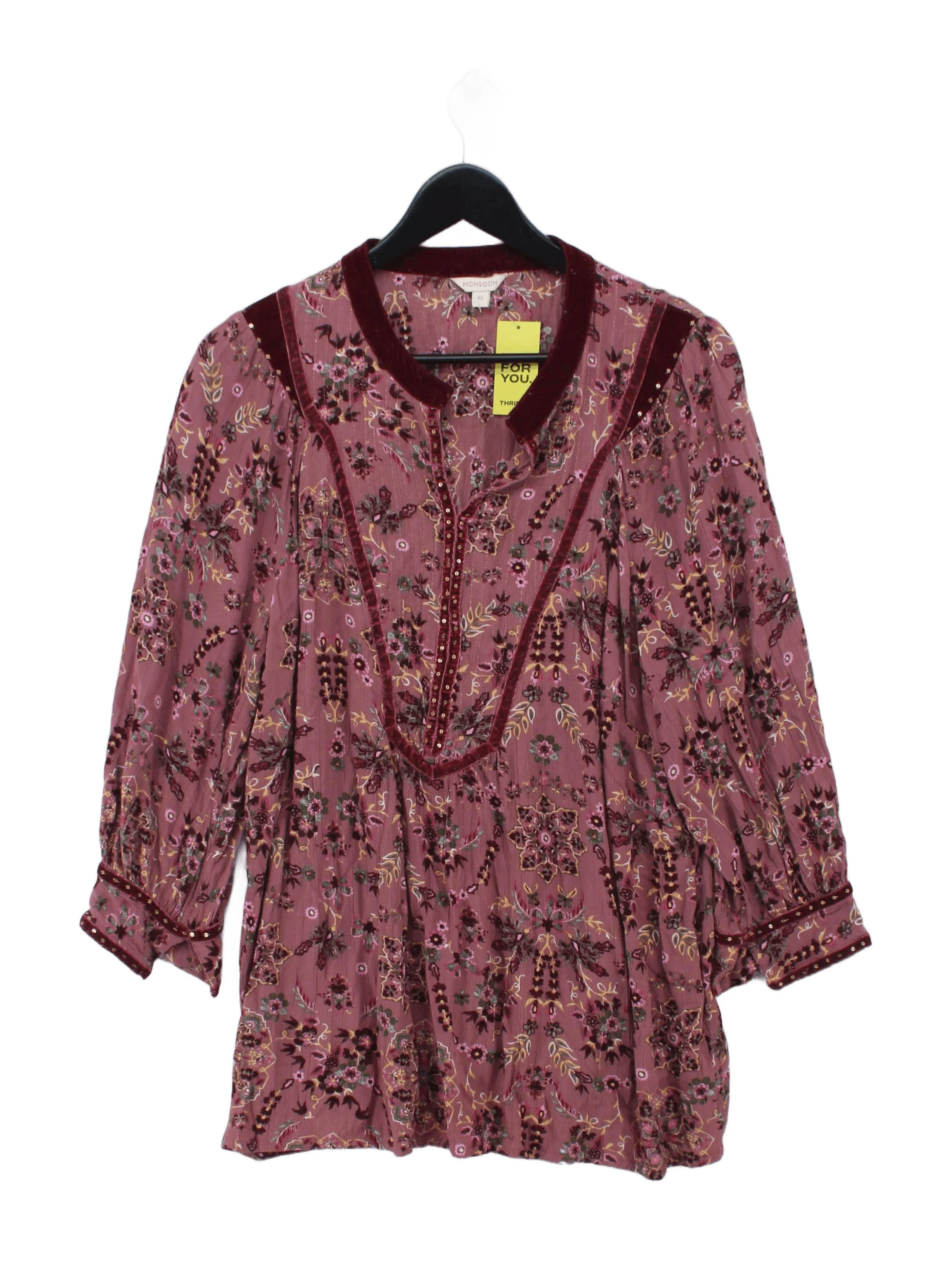 Monsoon Women's Top XL Red Floral 100% Viscose 3/4 Sleeve V-Neck Basic