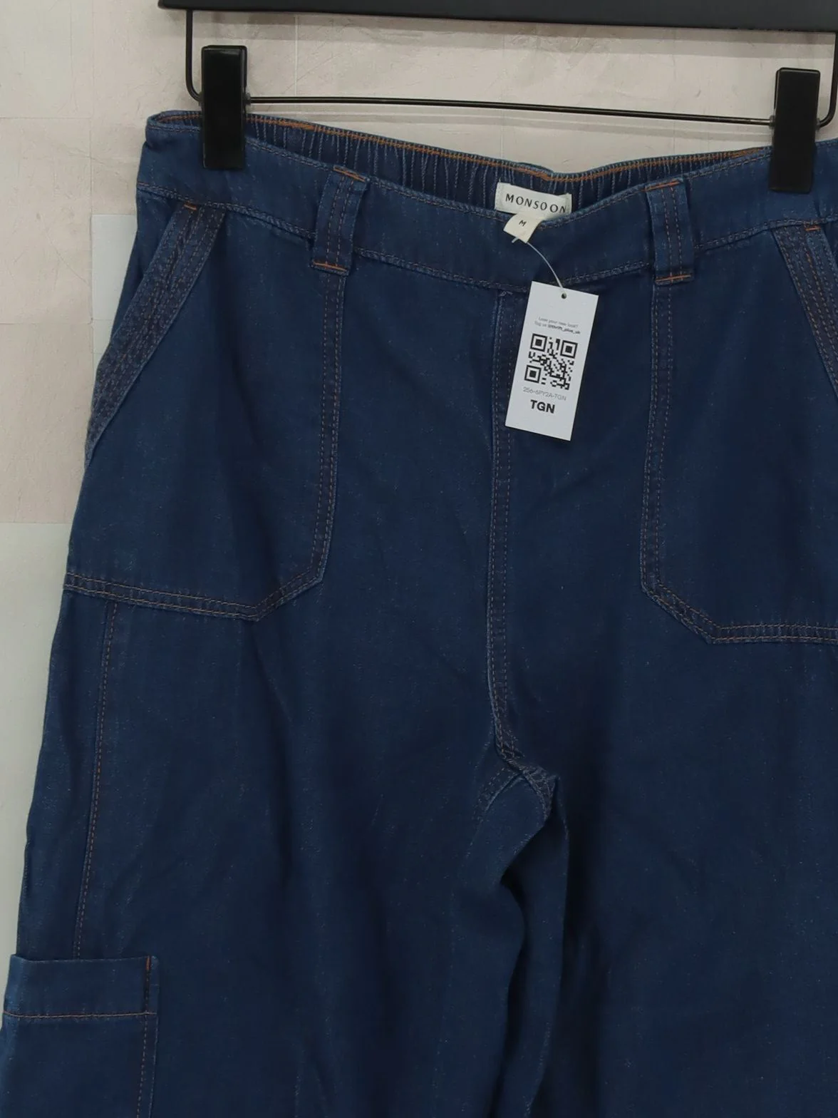 Monsoon Women's Trousers M Blue Cotton with Lyocell Modal Wide-Leg Cargo - Image 3