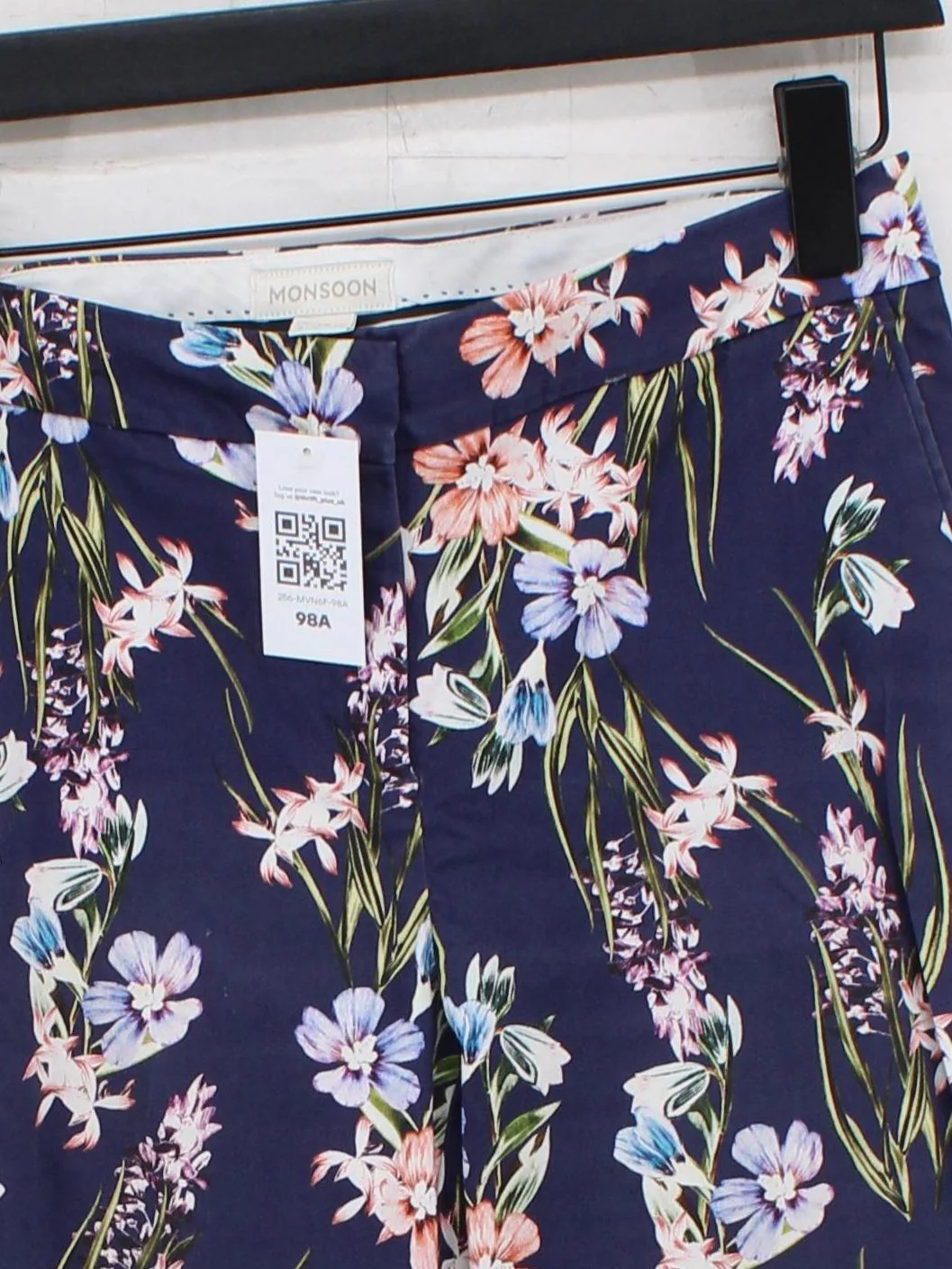 Monsoon Women's Trousers UK 8 Blue Floral Cotton with Elastane Tapered Cropped - Image 3