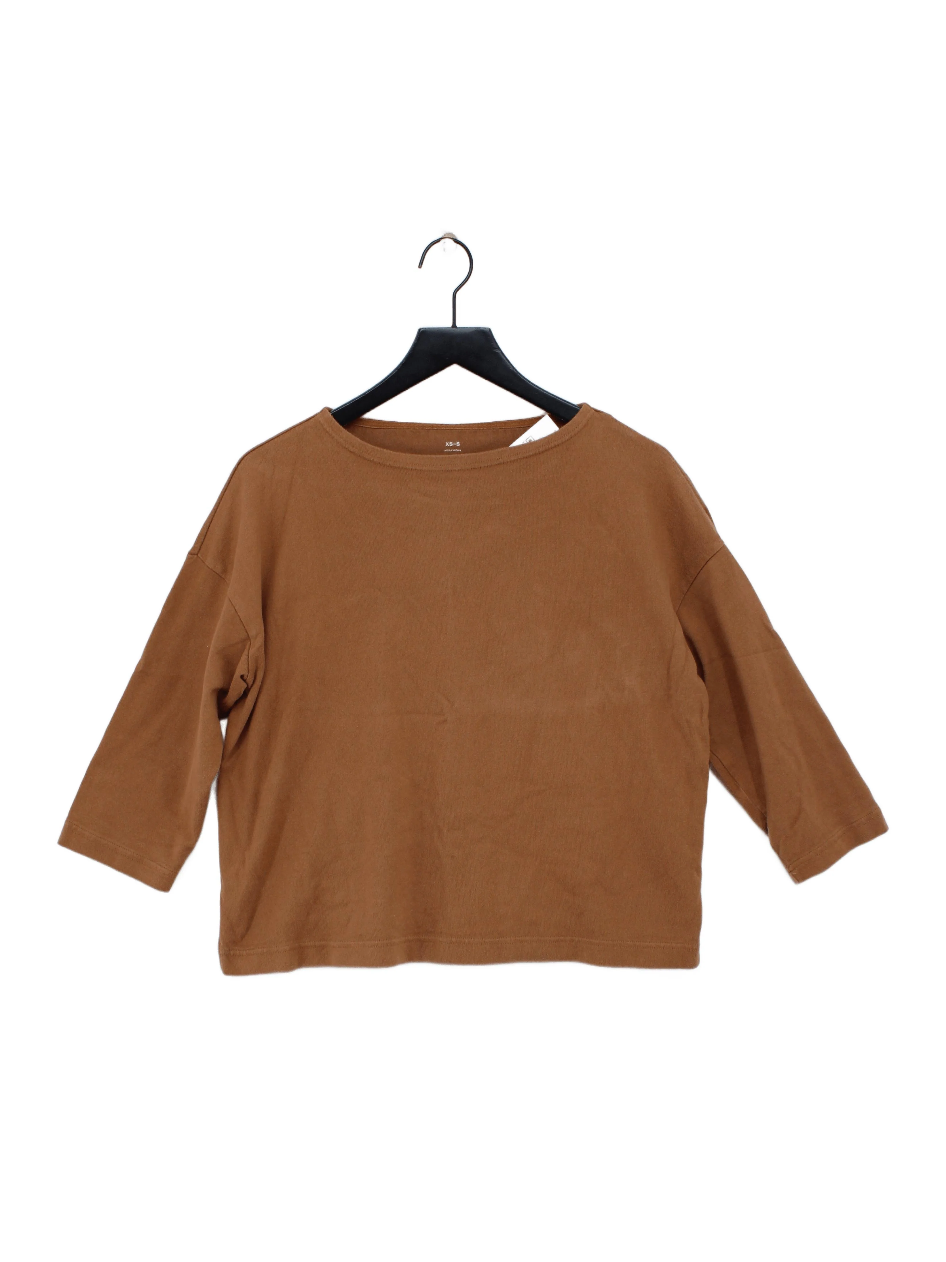MUJI Women's Top XS Brown 100% Cotton 3/4 Sleeve Round Neck Basic