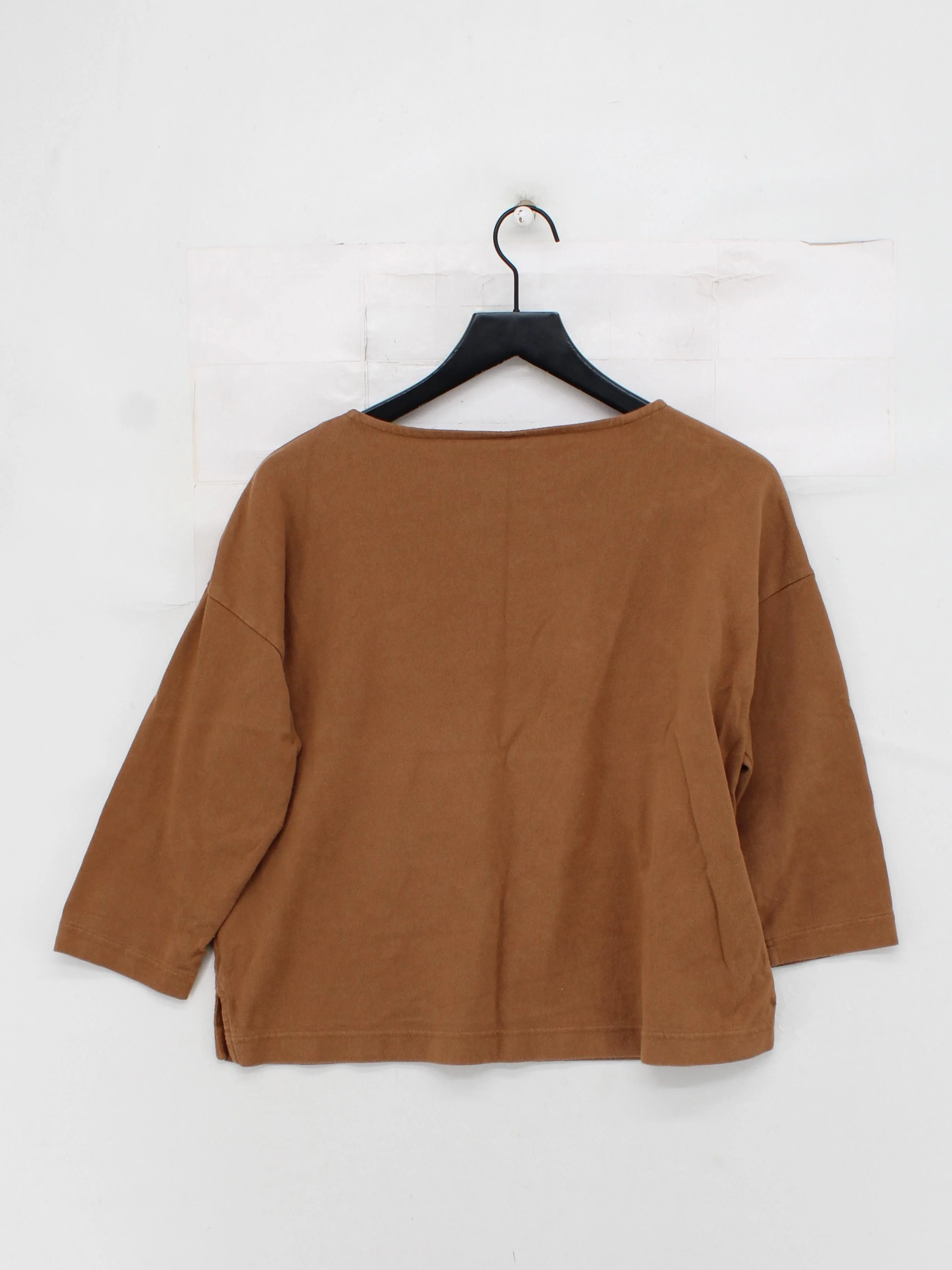 MUJI Women's Top XS Brown 100% Cotton 3/4 Sleeve Round Neck Basic - Image 2