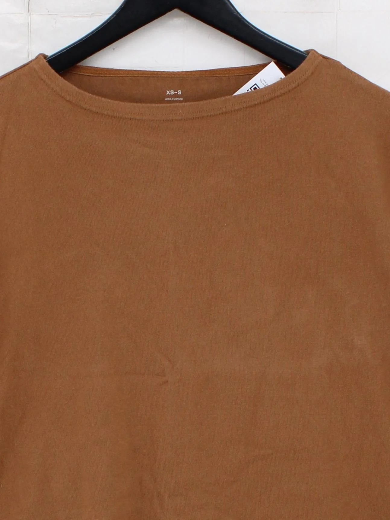 MUJI Women's Top XS Brown 100% Cotton 3/4 Sleeve Round Neck Basic - Image 3