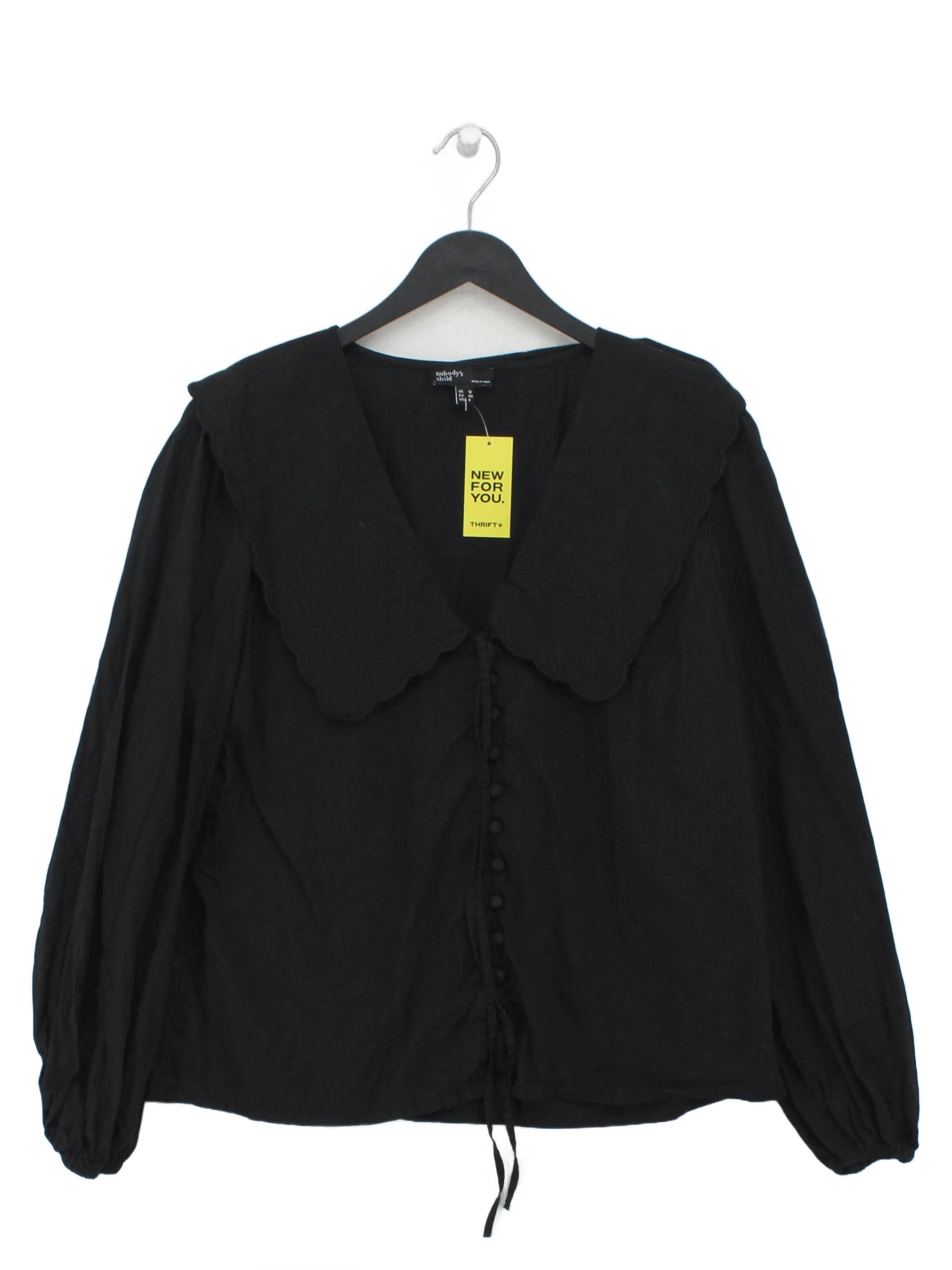 Nobody's Child Women's Blouse UK 12 Black 100% Cotton Long Sleeve Collared Basic