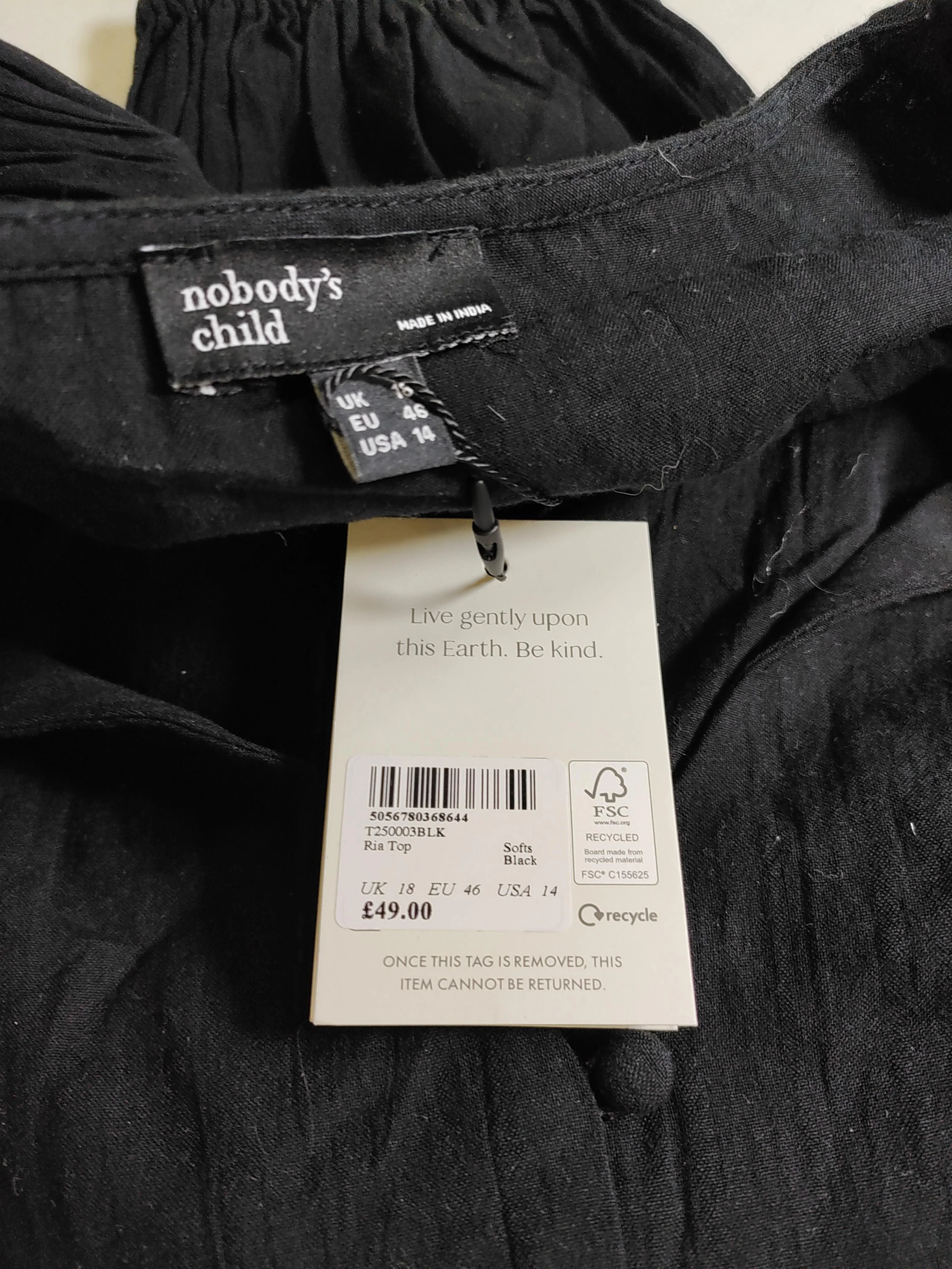 Nobody's Child Women's Blouse UK 18 Black 100% Cotton Basic New with tags - Image 5