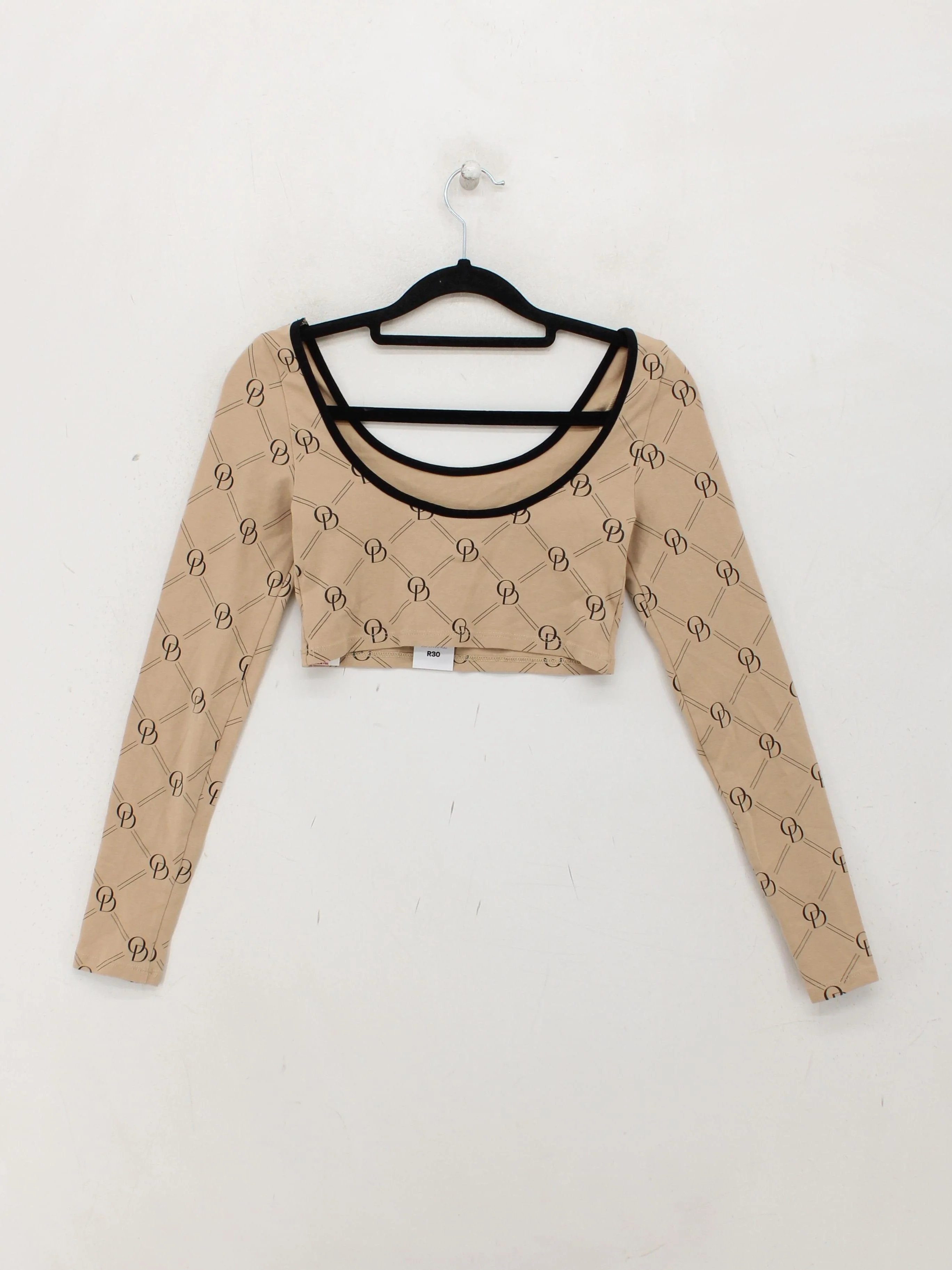 Odolls Women's Top UK 6 Tan Cotton with Elastane Long Sleeve Round Neck Cropped - Image 2