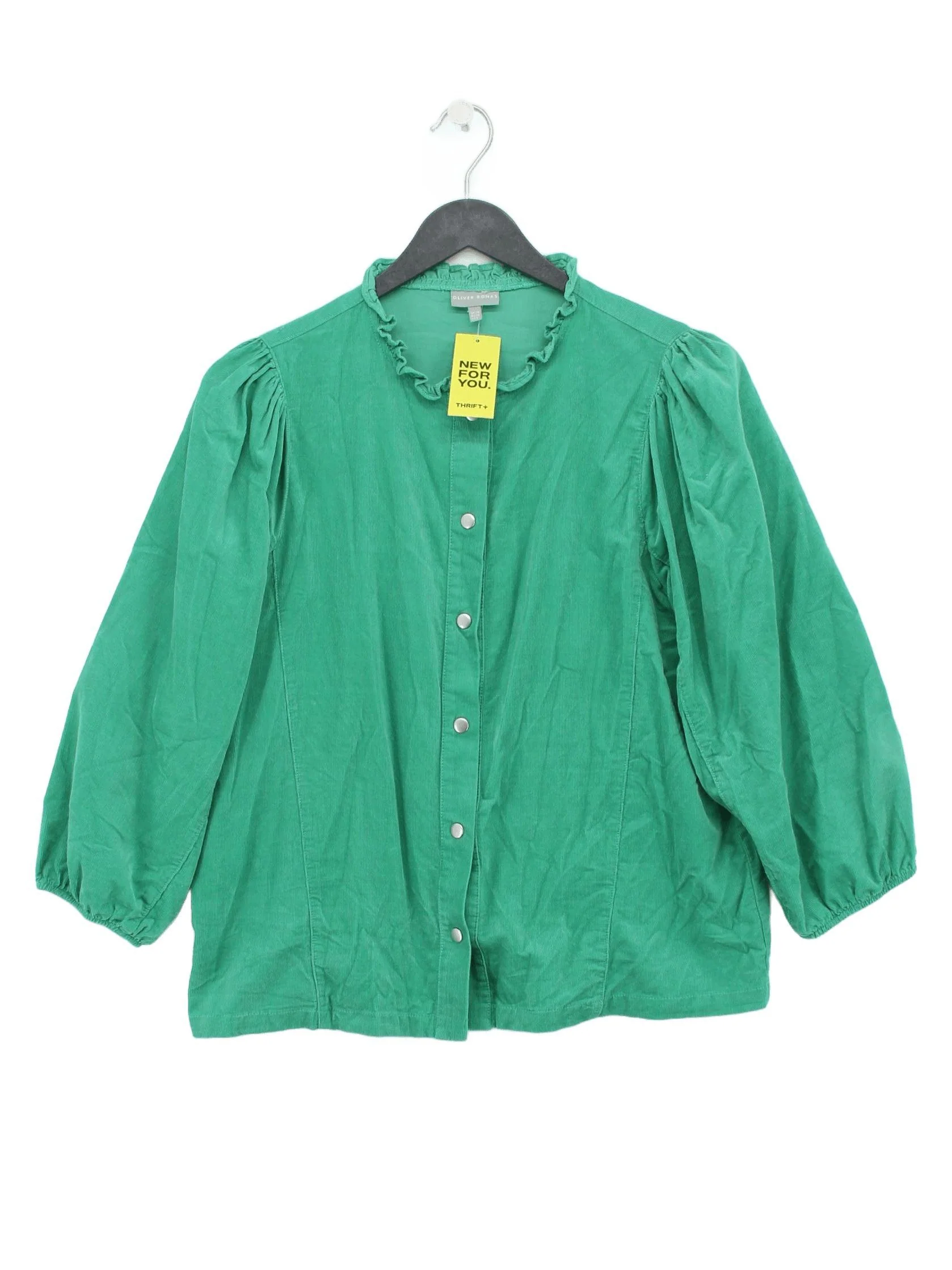 Oliver Bonas Women's Blouse UK 10 Green 100% Cotton 3/4 Sleeve Collared Basic