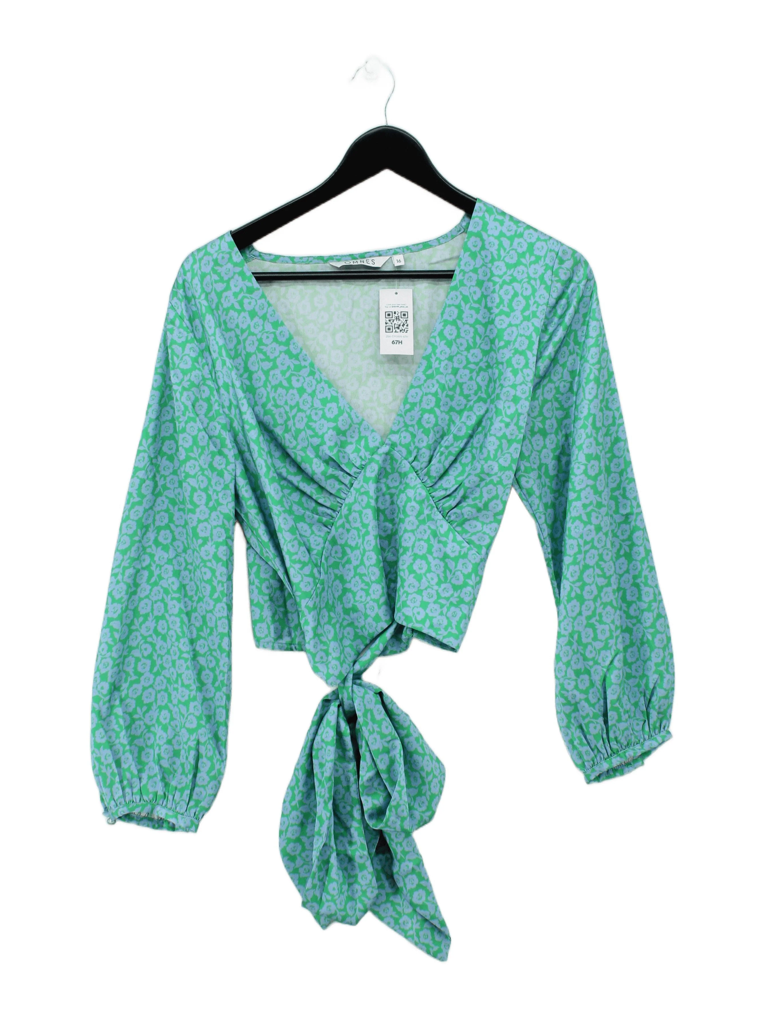 OMNES Women's Top L Green Floral 100% Polyester Long Sleeve V-Neck Cropped