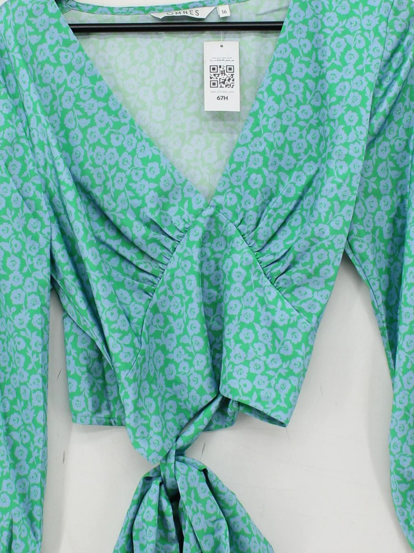 OMNES Women's Top L Green Floral 100% Polyester Long Sleeve V-Neck Cropped - Image 3