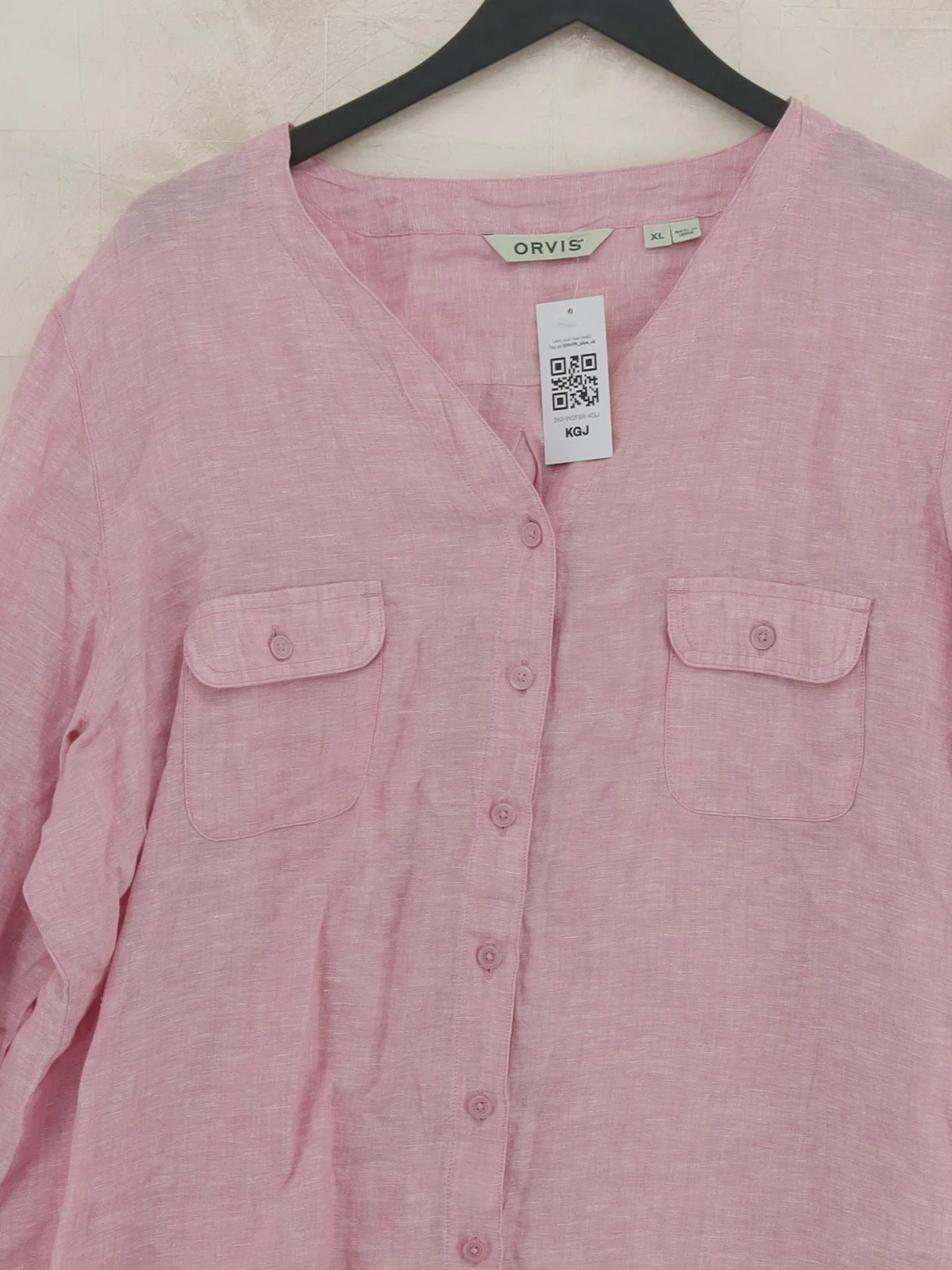 Orvis Women's Shirt XL Pink 100% Linen 3/4 Sleeve V-Neck Basic - Image 3