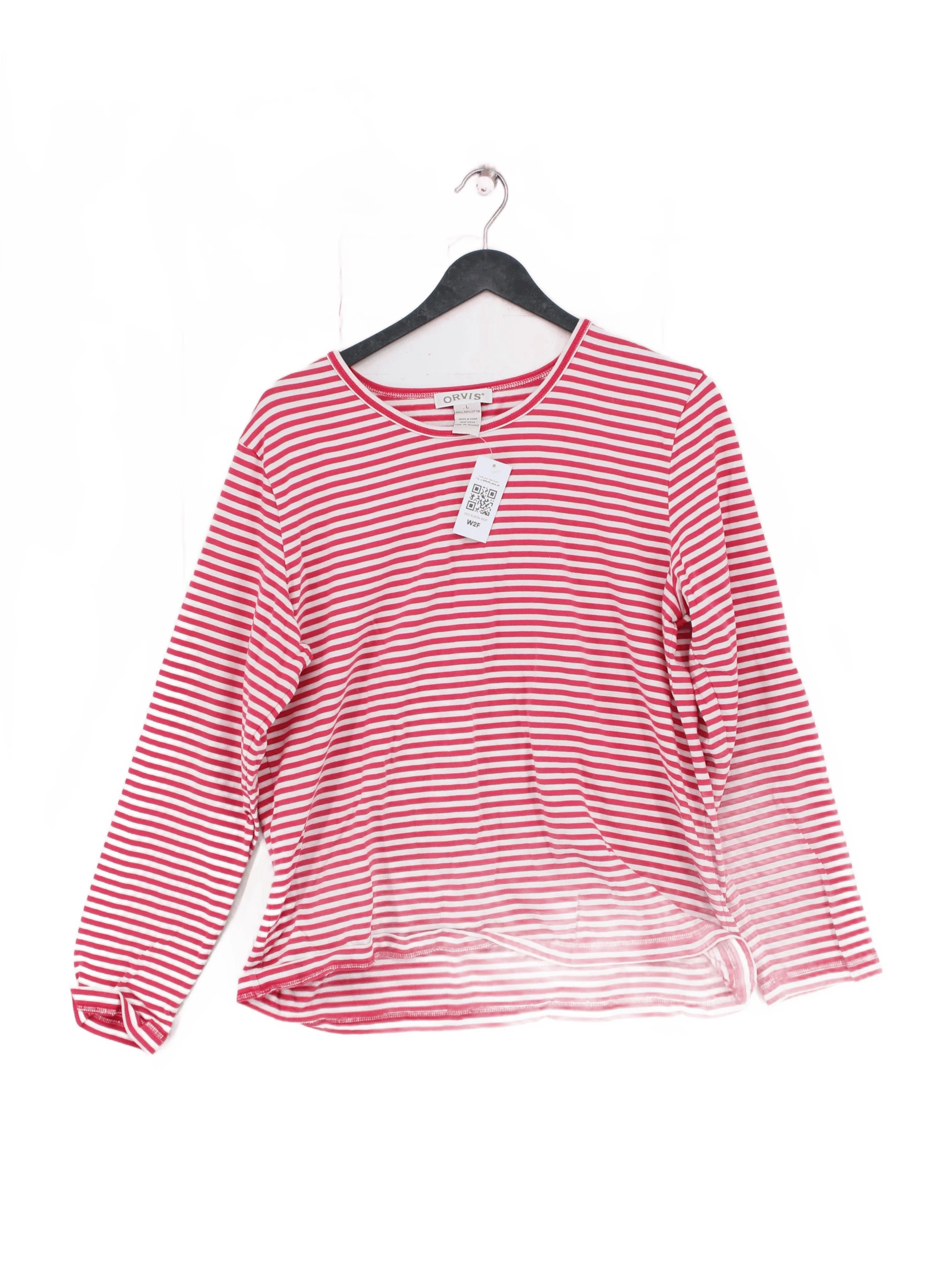 Orvis Women's T-Shirt L Red Striped 100% Cotton Short Sleeve Round Neck Basic