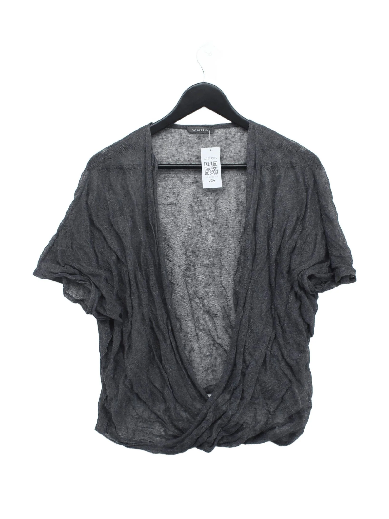 OSKA Women's Top M Grey Linen with Other Short Sleeve V-Neck Basic