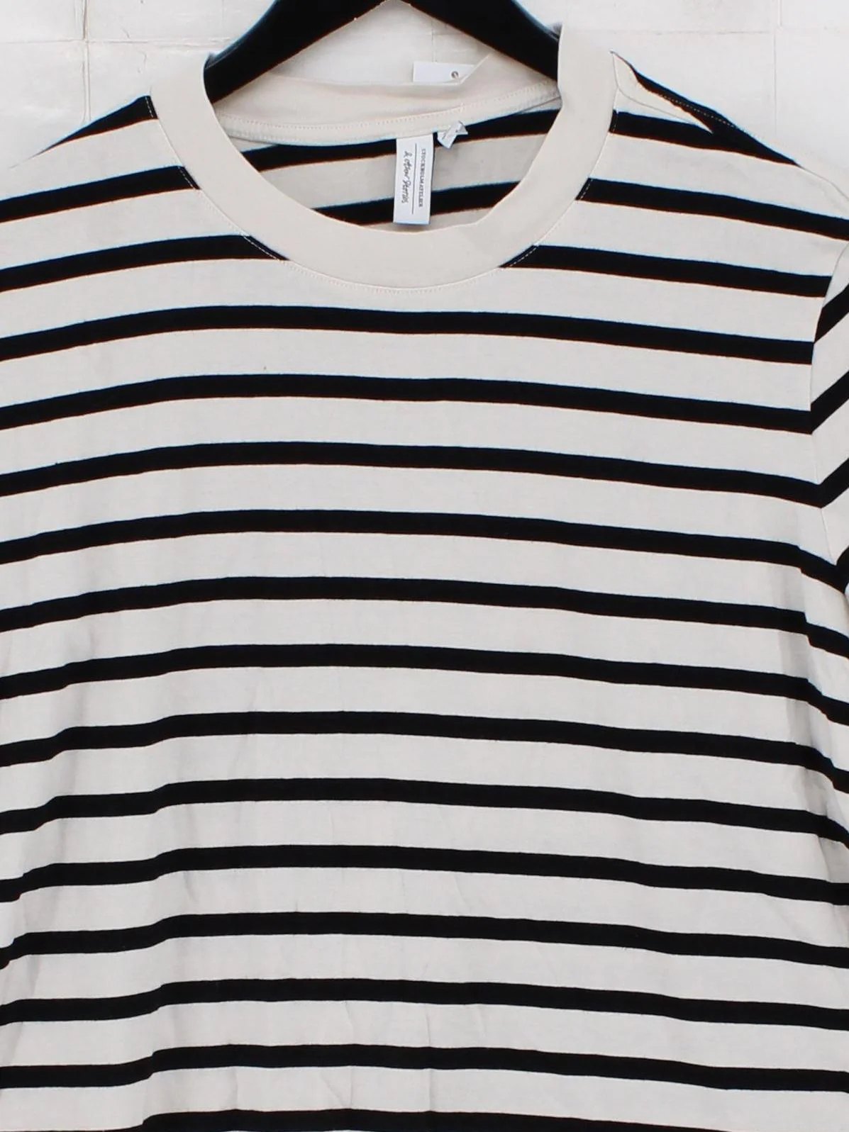 & Other Stories Men's T-Shirt S Cream Striped 100% Cotton Basic - Image 3