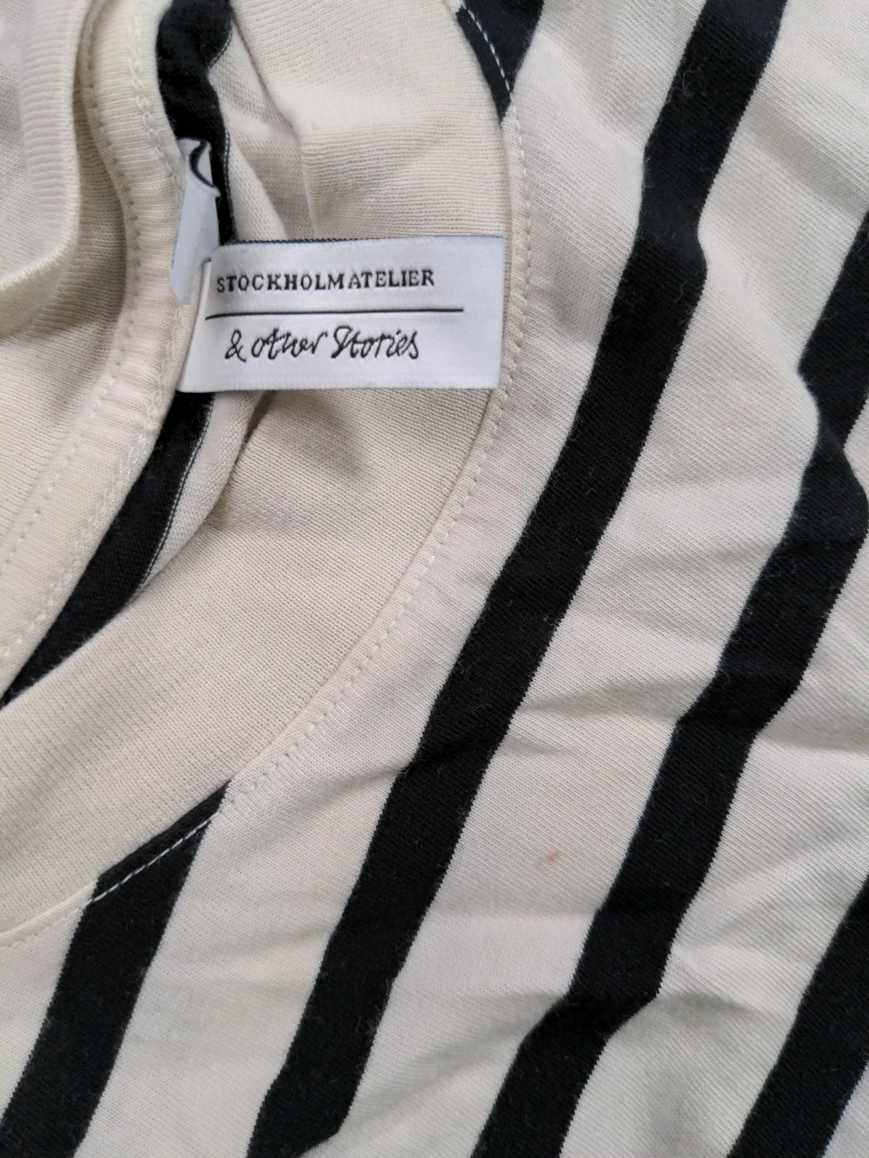 & Other Stories Men's T-Shirt S Cream Striped 100% Cotton Basic - Image 5