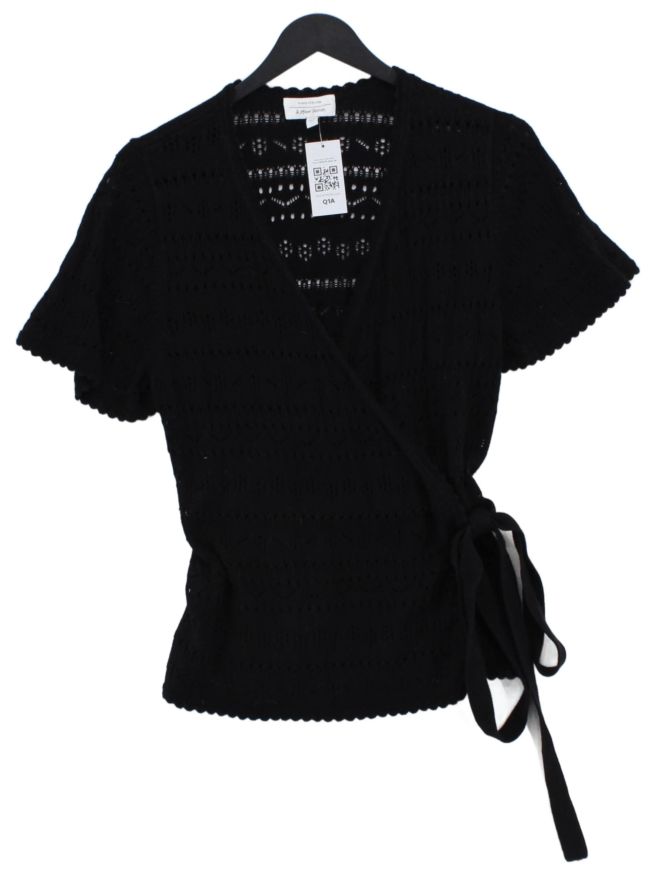 & Other Stories Women's Top S Black 100% Cotton Short Sleeve V-Neck Basic