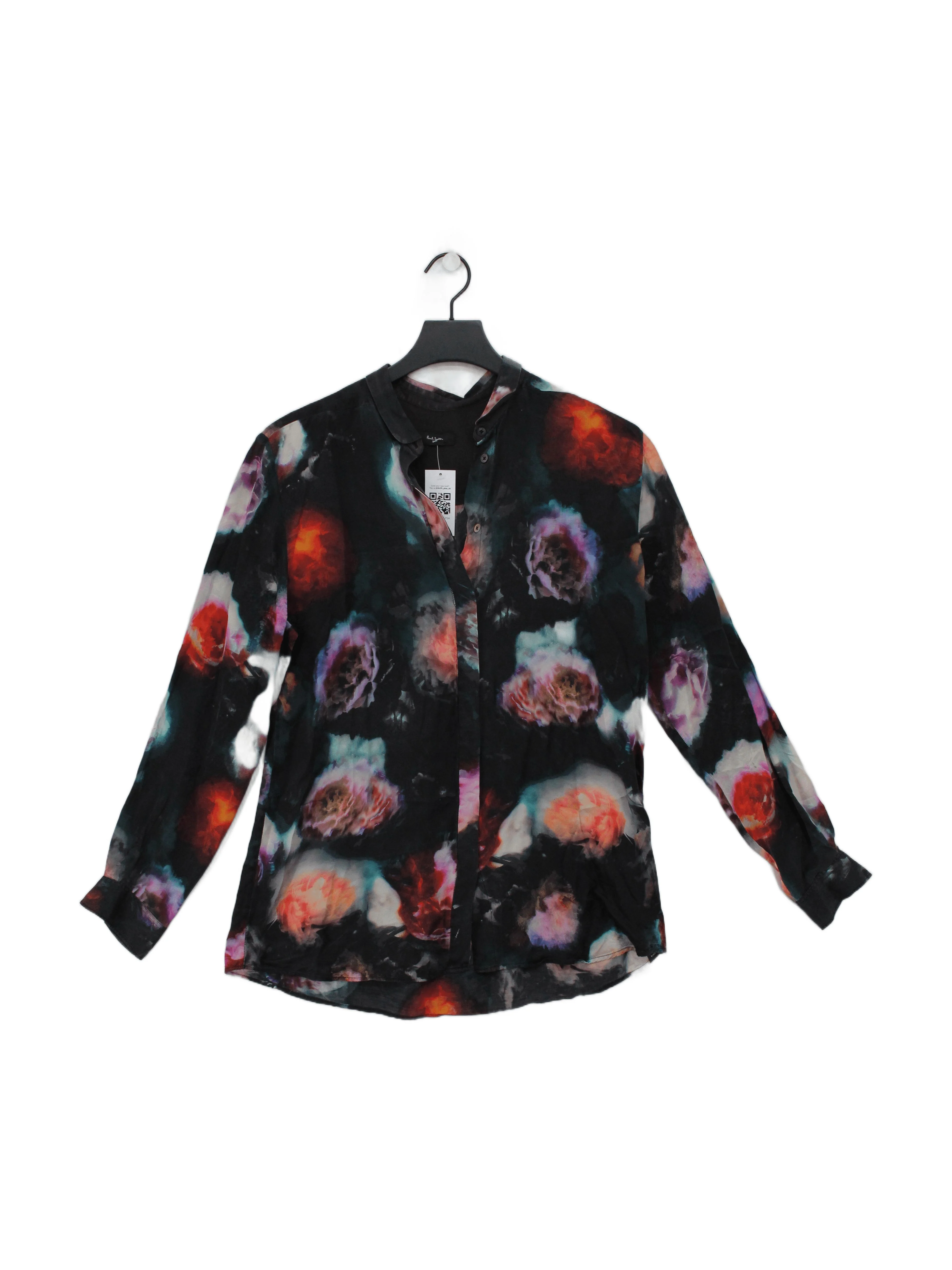 Paul Smith Women's Shirt L Black Floral 100% Silk Long Sleeve Round Neck Basic