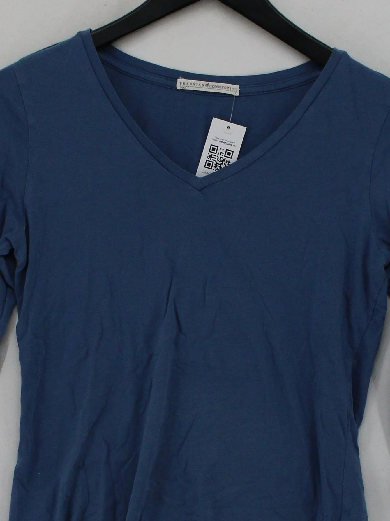 Peruvian Connection Women's Top S Blue 100% Cotton 3/4 Sleeve V-Neck Basic - Image 3