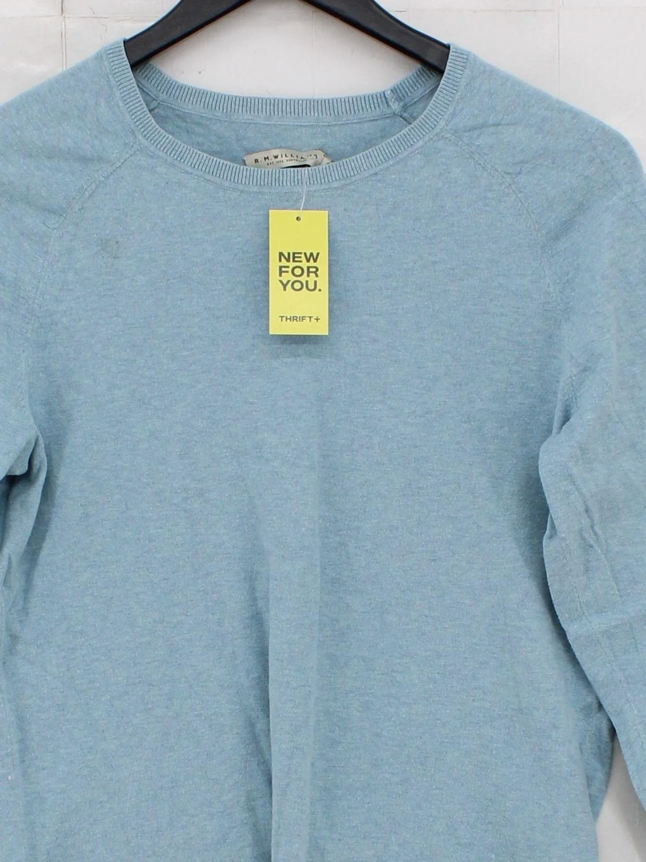 R.M. Williams Men's Jumper S Blue Cotton with Cashmere Round Neck Pullover - Image 3
