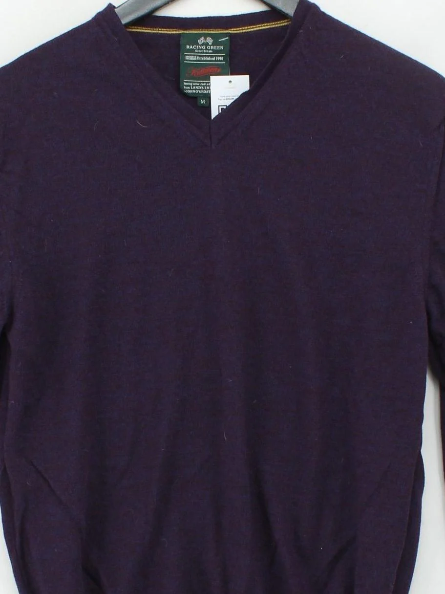 Racing Green Men's Jumper M Purple 100% Wool V-Neck Pullover - Image 3