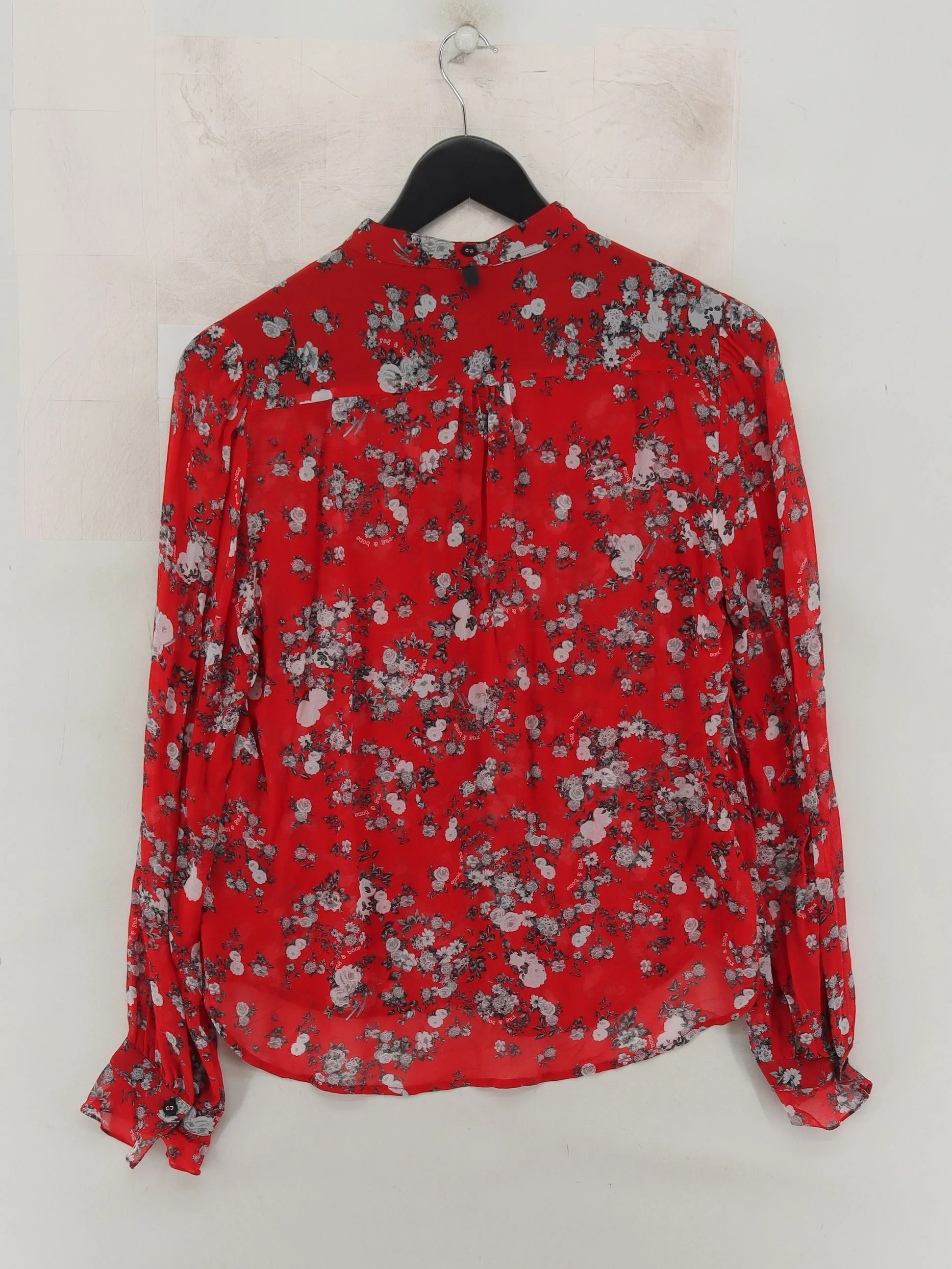 Rag & Bone Women's Blouse M Red Floral 100% Silk Long Sleeve Mock Neck Basic - Image 2