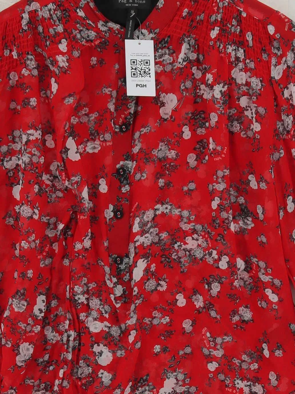 Rag & Bone Women's Blouse M Red Floral 100% Silk Long Sleeve Mock Neck Basic - Image 3