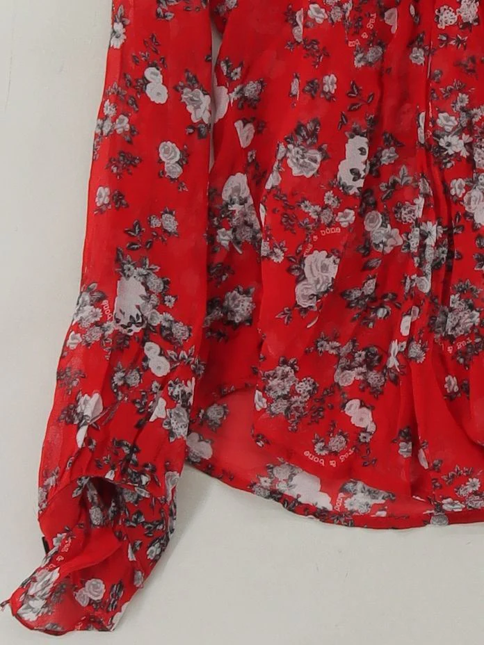 Rag & Bone Women's Blouse M Red Floral 100% Silk Long Sleeve Mock Neck Basic - Image 4