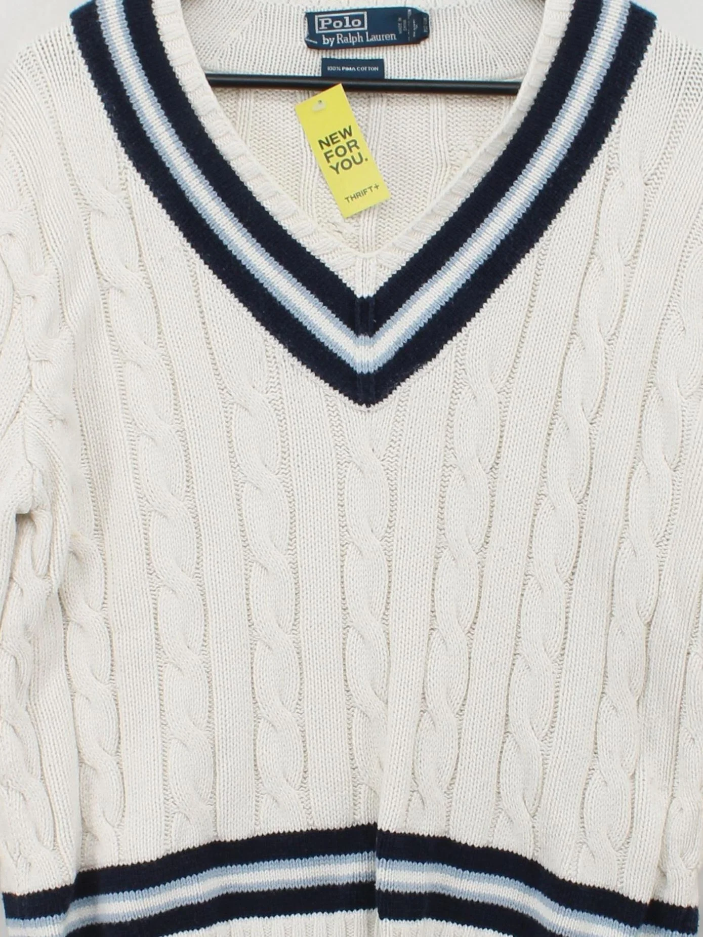 Ralph Lauren Men's Jumper L Cream 100% Cotton V-Neck Pullover - Image 3
