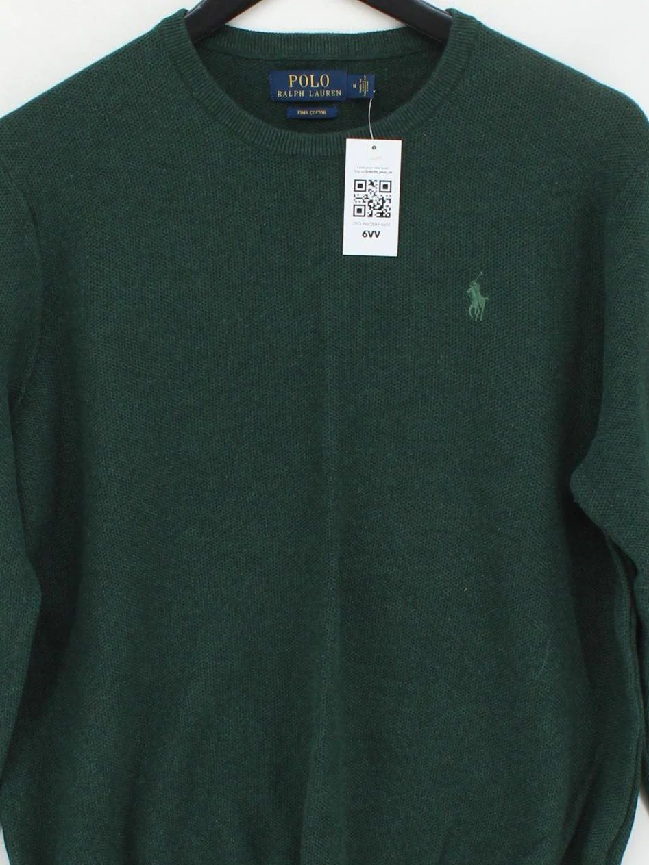 Ralph Lauren Men's Jumper M Green 100% Cotton Round Neck Pullover - Image 3