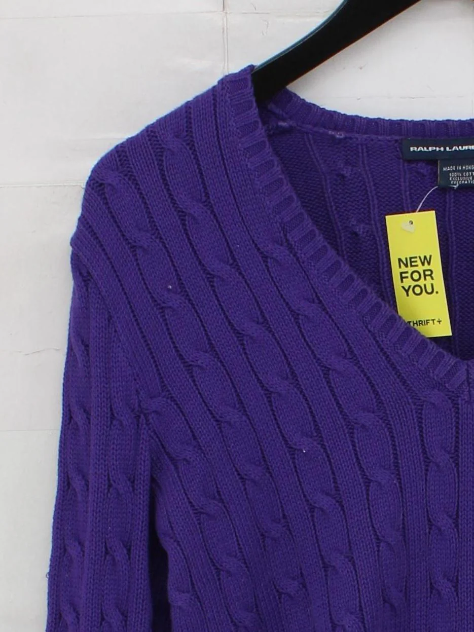Ralph Lauren Women's Jumper L Purple 100% Cotton V-Neck Pullover - Image 4