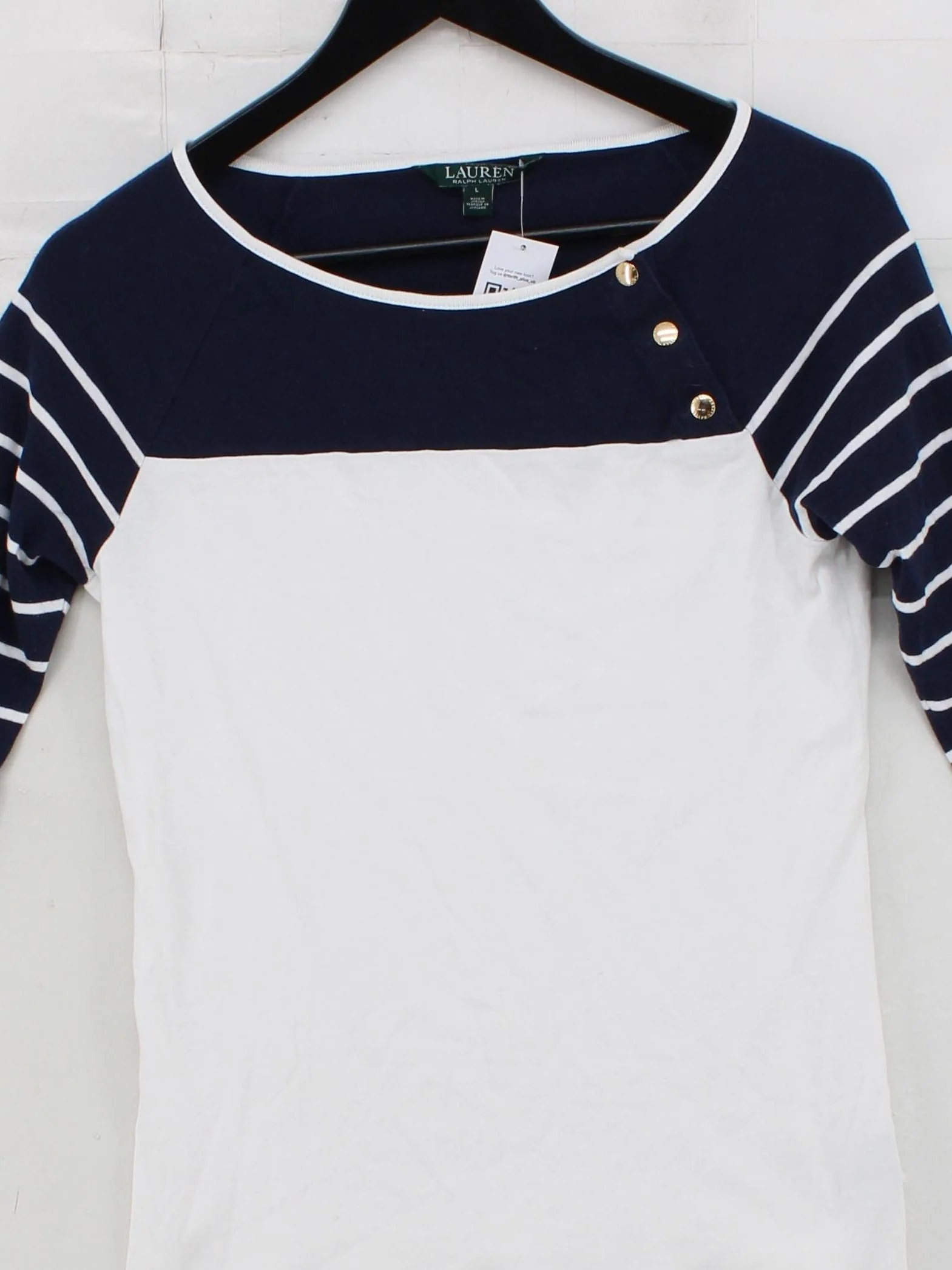 Ralph Lauren Women's Top L Multi Striped 100% Cotton 3/4 Sleeve Round Neck Basic - Image 3