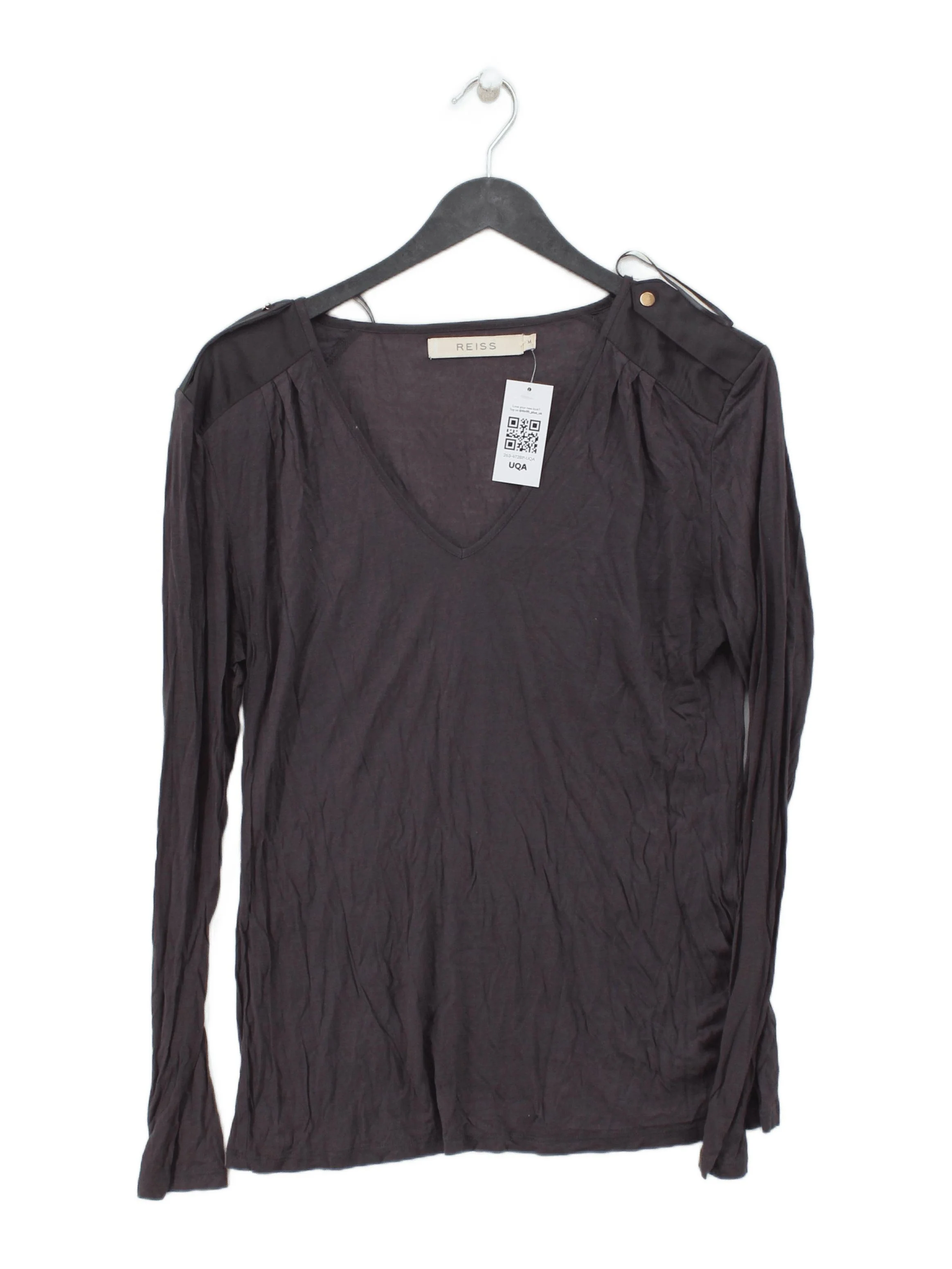 Reiss Women's T-Shirt M Grey Viscose with Polyester Short Sleeve V-Neck Basic