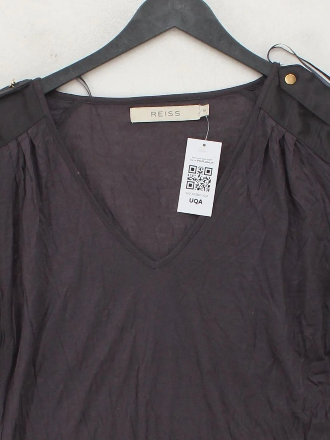 Reiss Women's T-Shirt M Grey Viscose with Polyester Short Sleeve V-Neck Basic - Image 3