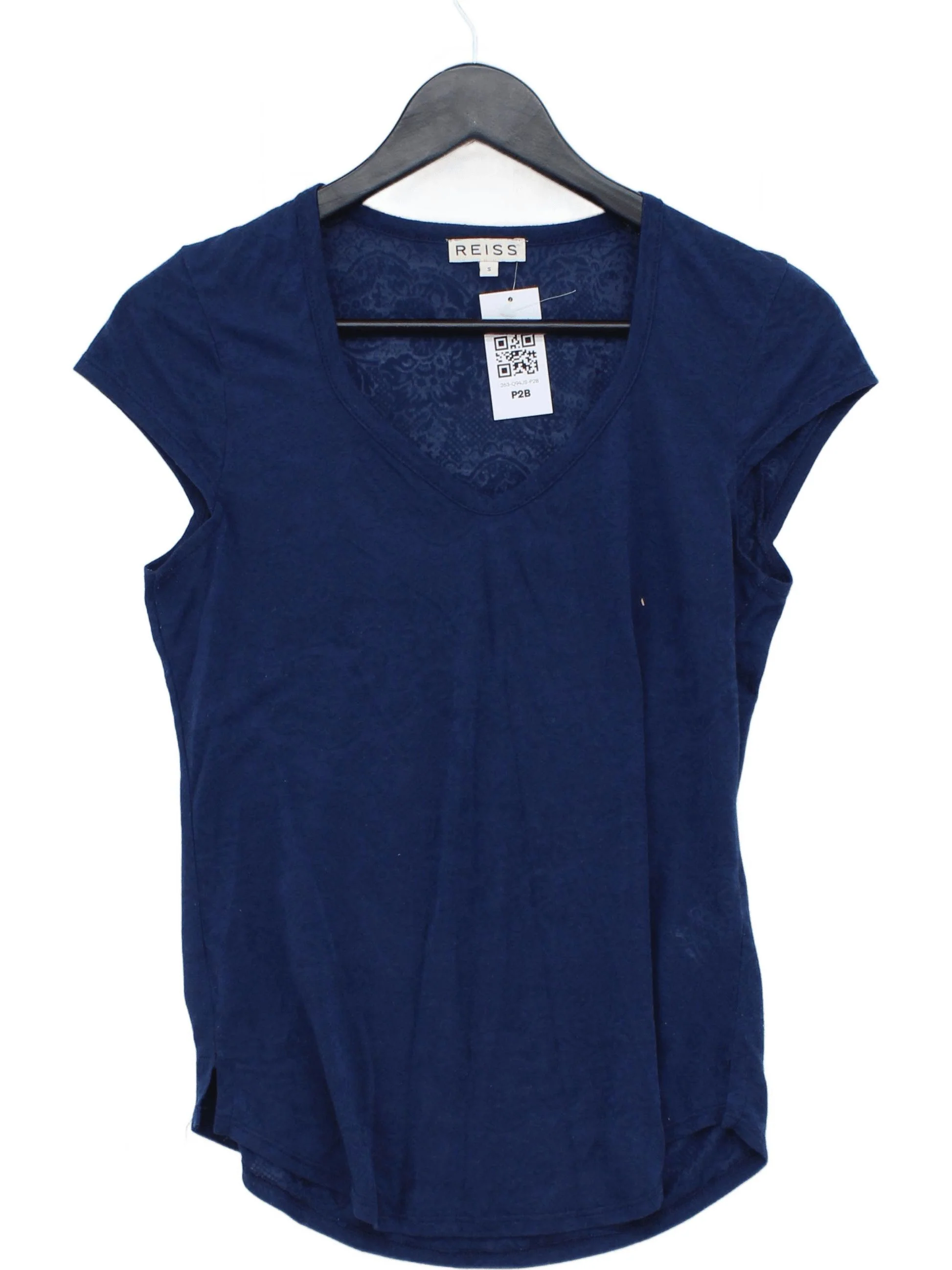Reiss Women's T-Shirt S Blue Polyester with Viscose Short Sleeve V-Neck Basic