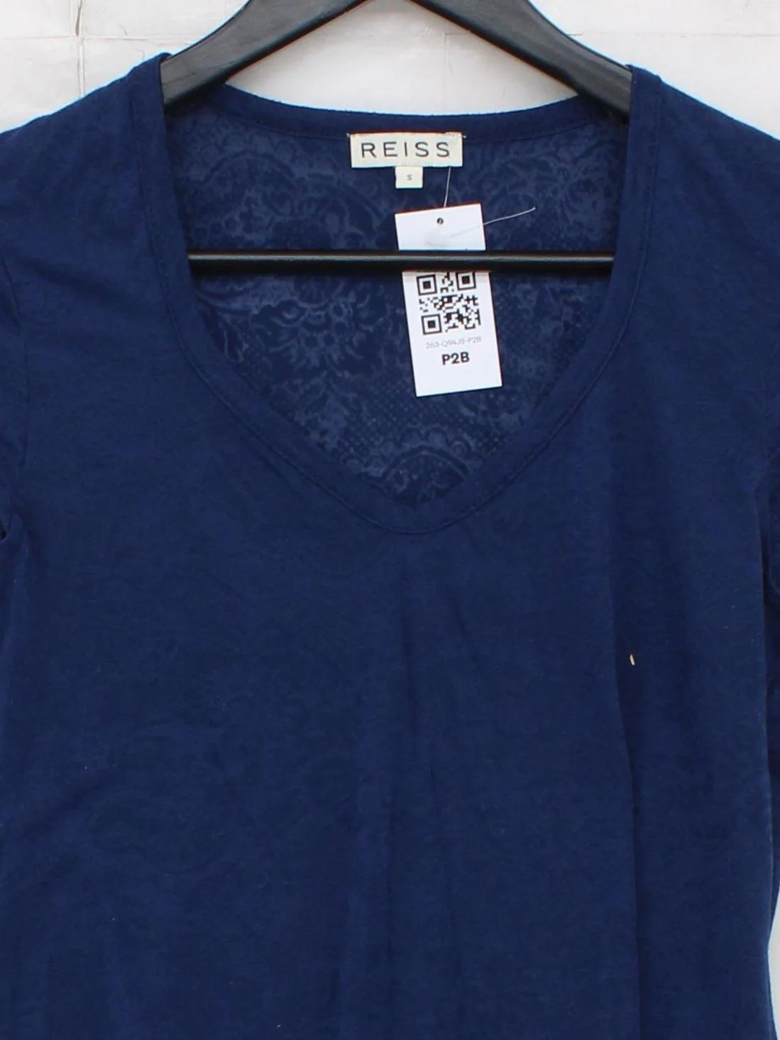 Reiss Women's T-Shirt S Blue Polyester with Viscose Short Sleeve V-Neck Basic - Image 3