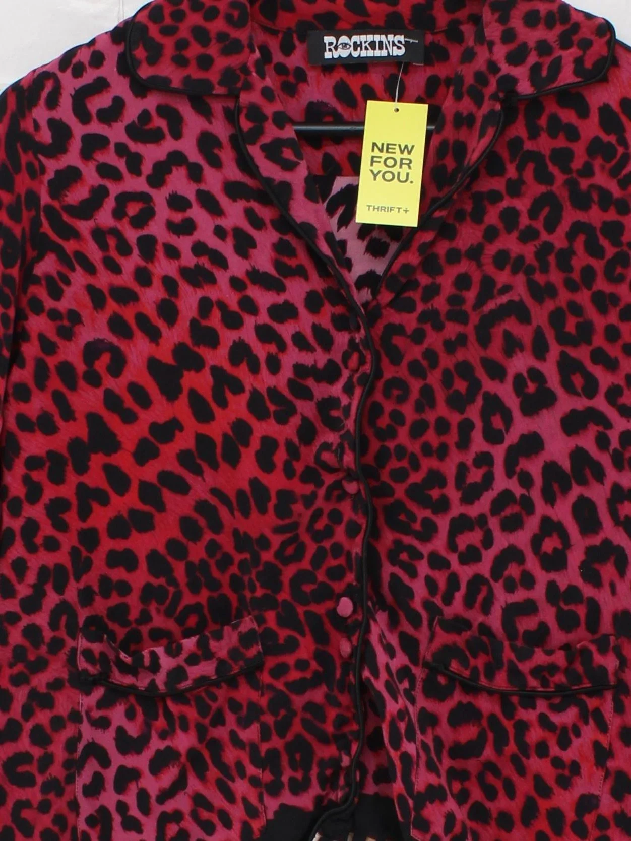 Rockins Women's Shirt M Red Animal Print 100% Silk Long Sleeve Collared Basic - Image 3