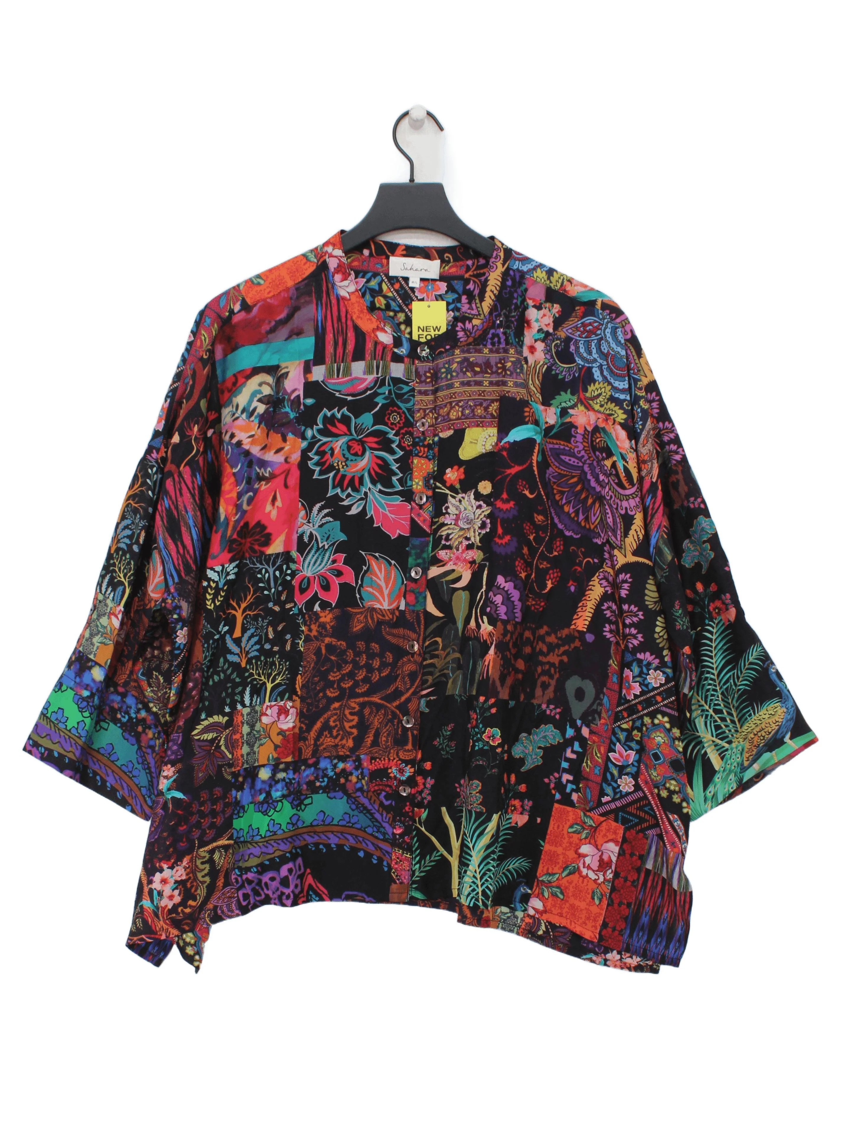 Sahara Women's Shirt UK 14 Multi 100% Silk 3/4 Sleeve Collared Basic