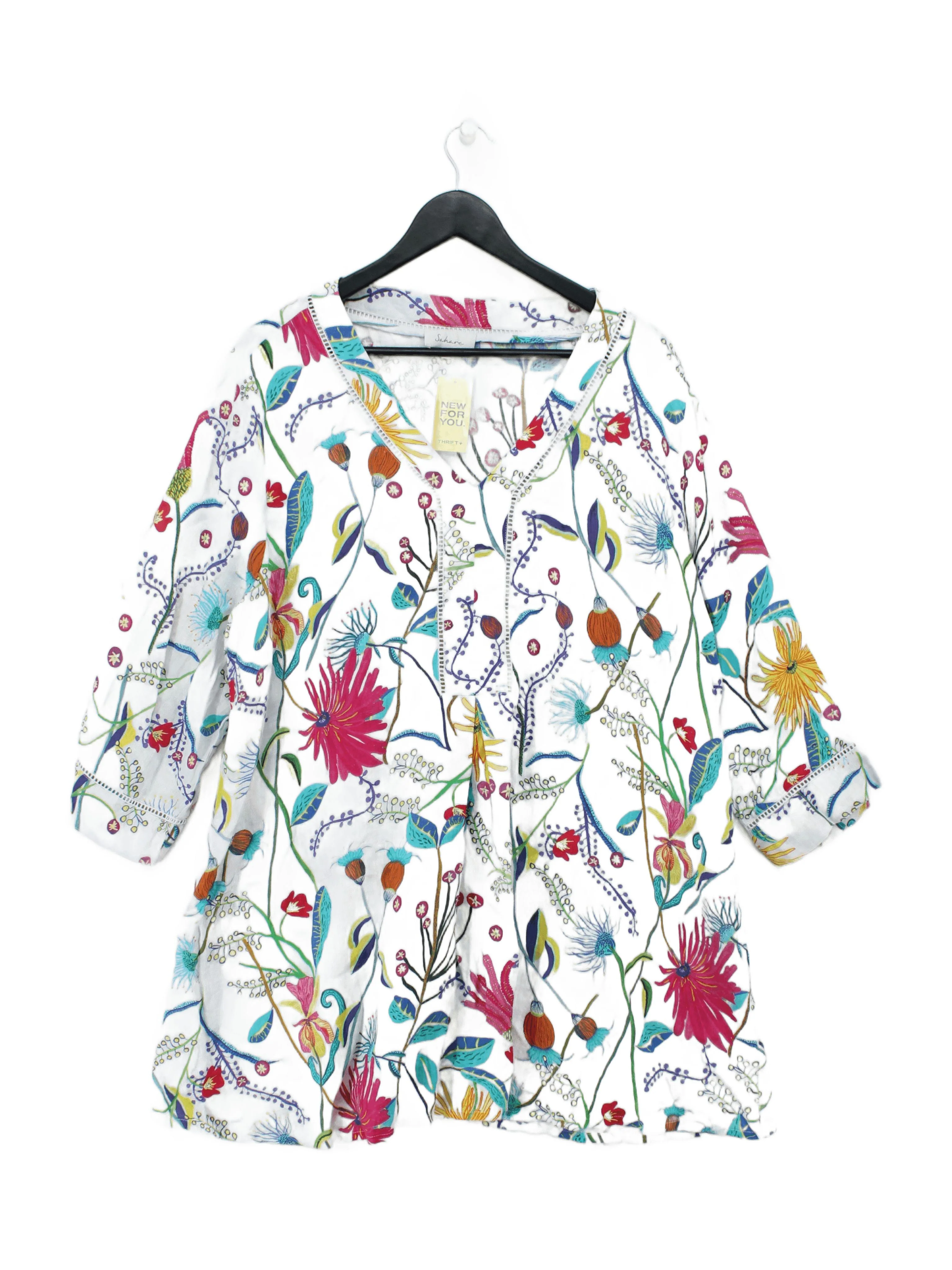 Sahara Women's Top UK 20 Multi Floral 100% Linen 3/4 Sleeve V-Neck Tunic