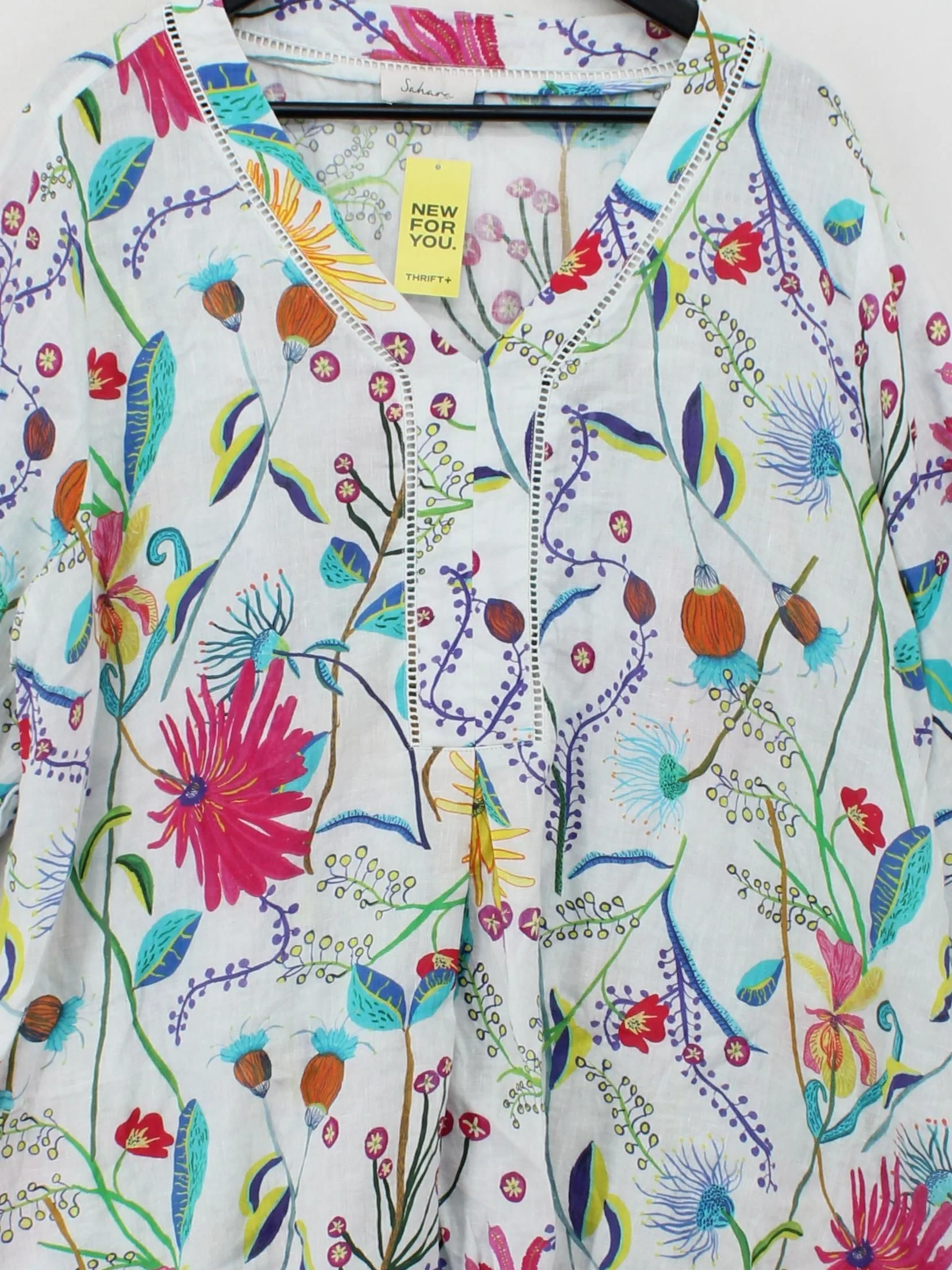Sahara Women's Top UK 20 Multi Floral 100% Linen 3/4 Sleeve V-Neck Tunic - Image 3