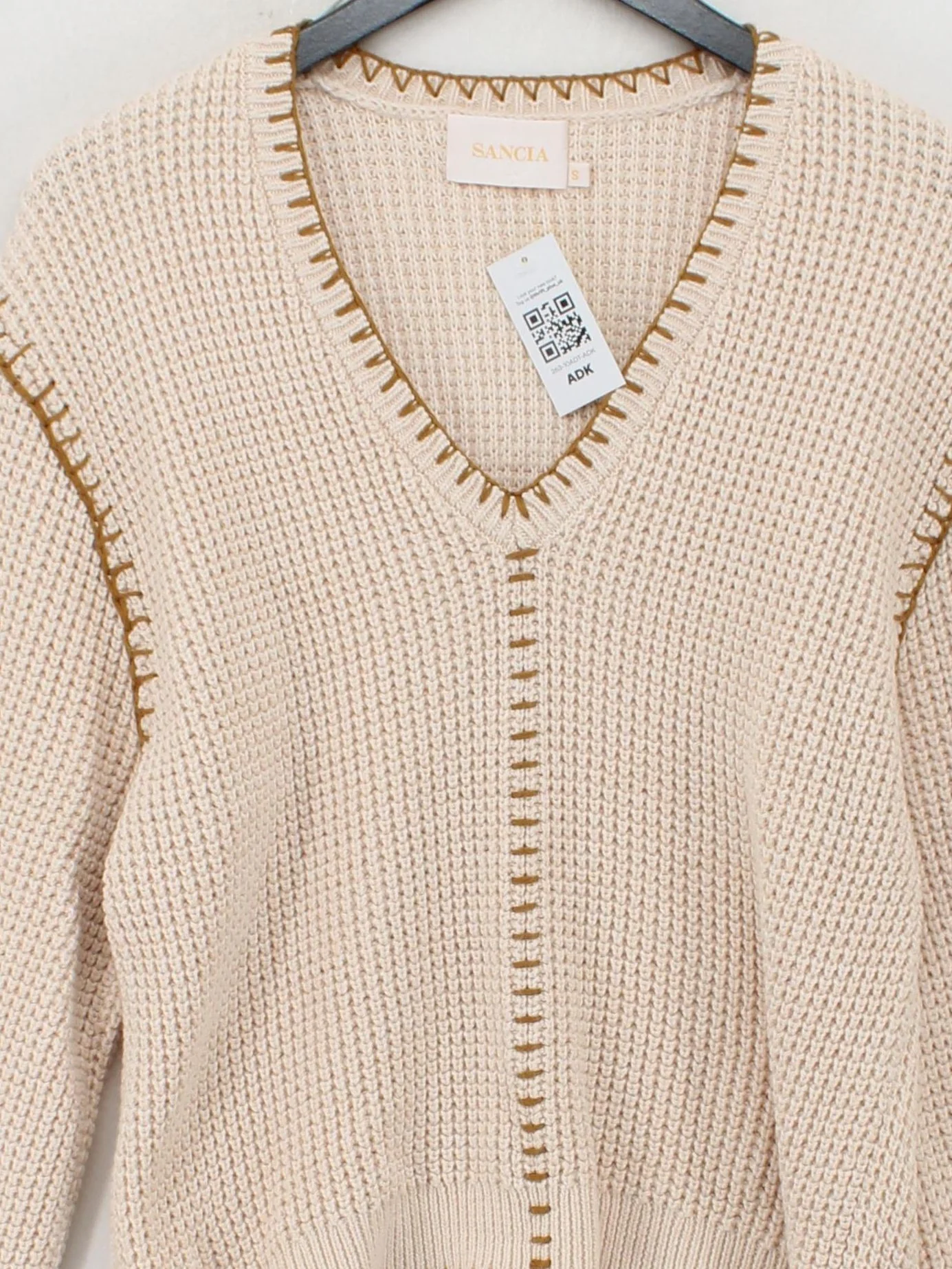 SANCIA Women's Jumper S Cream Cotton with Wool V-Neck Pullover - Image 3