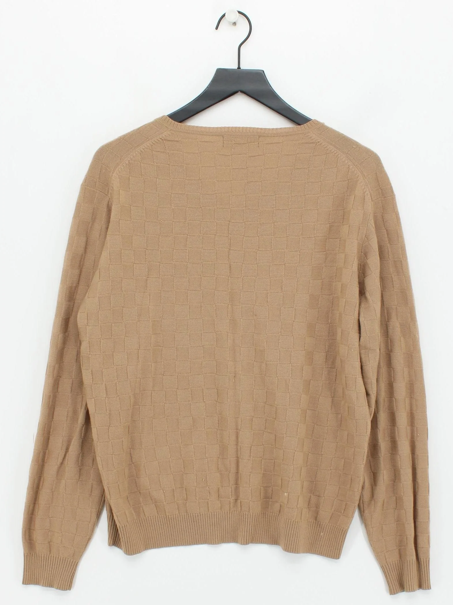 SAND Men's Jumper L Tan Checkered 100% Wool V-Neck Pullover - Image 2